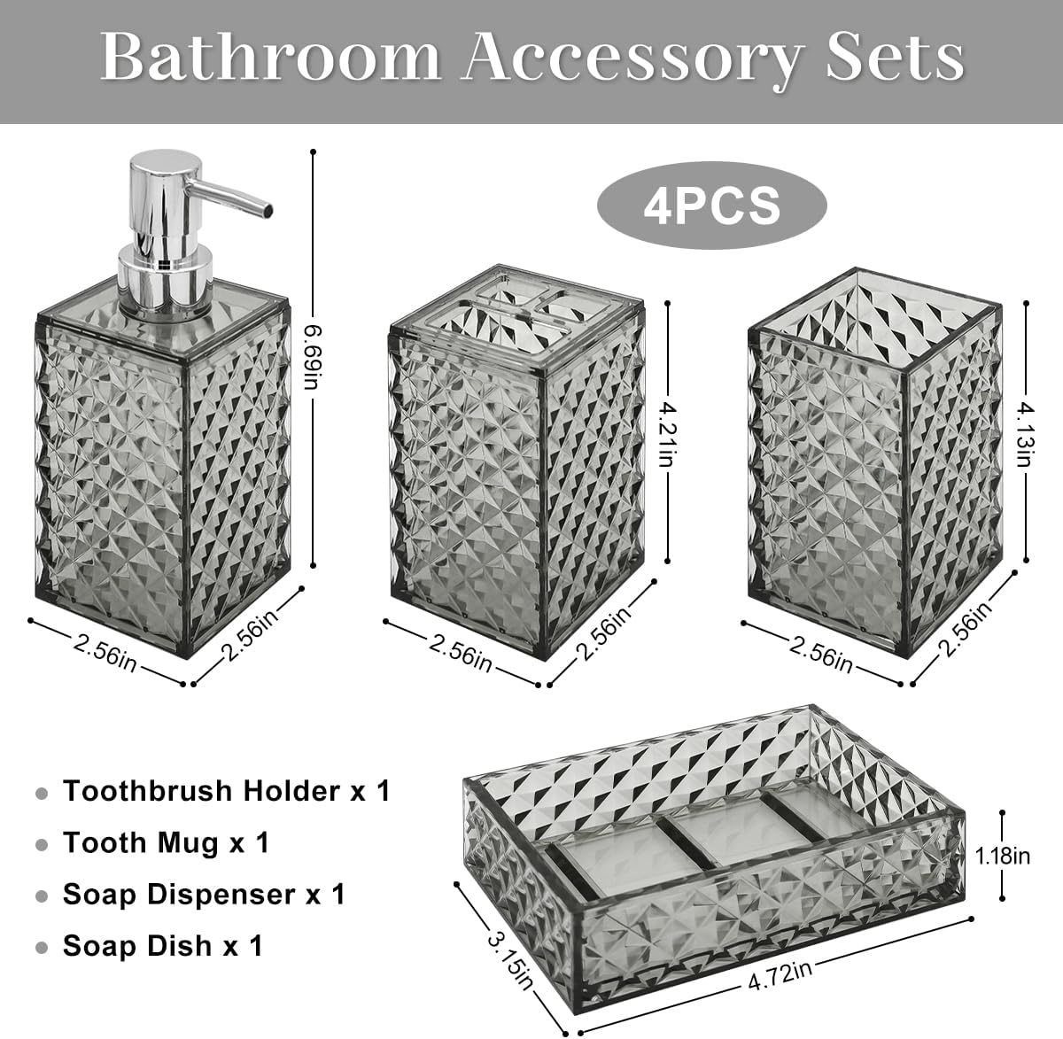 Bathroom Accessory Set 4 Pcs Diamond Pattern Grey