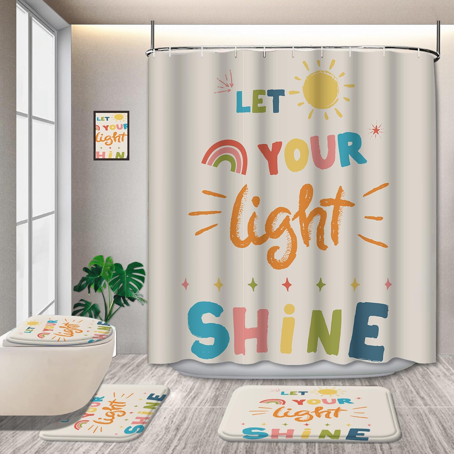 4PCS Non-Slip Kids Bathroom Shower Curtain Set with Quotes