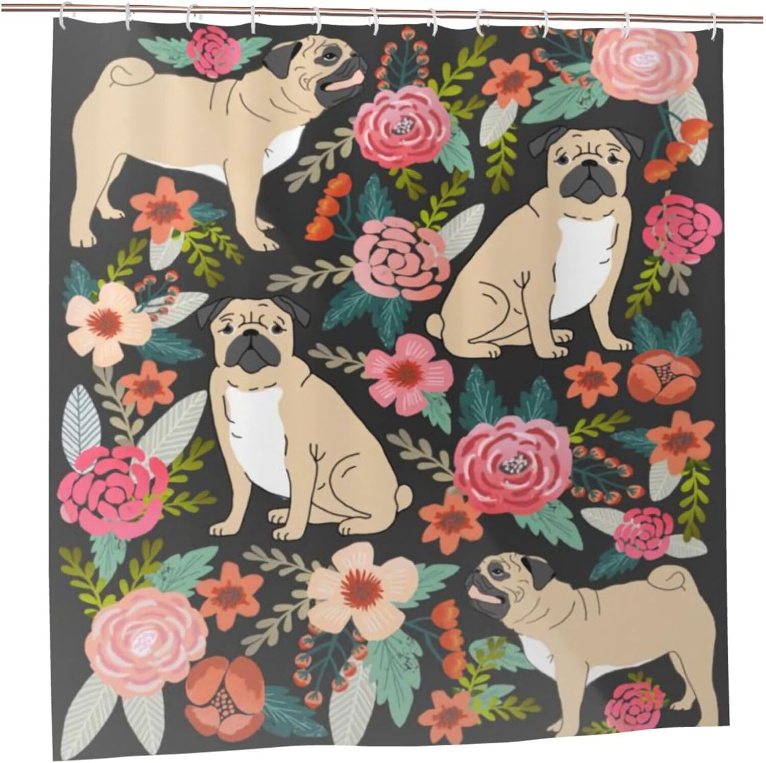 Xoeiran Farmhouse Florals Pug Dogs Shower Curtain 72x72 Inch