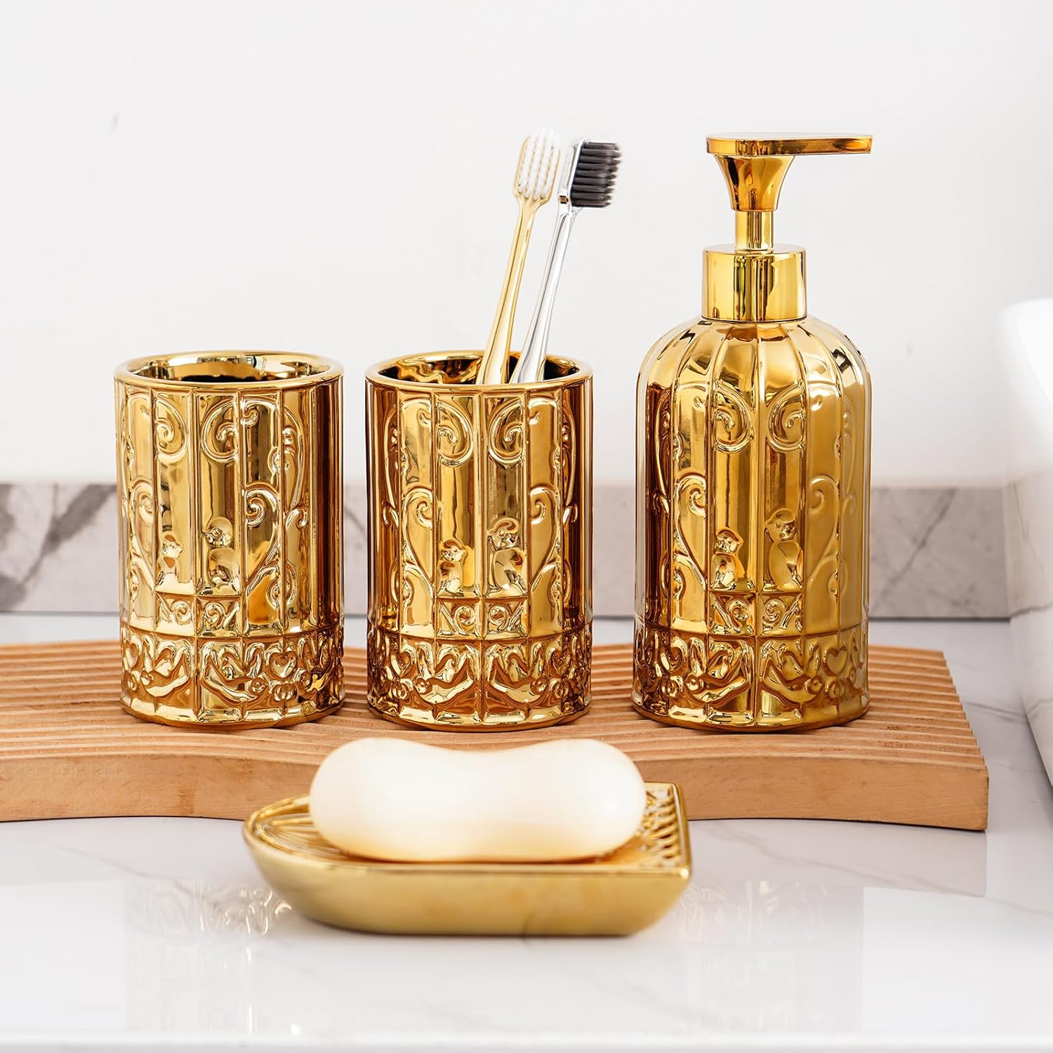 Gold Bathroom Accessory Set with Ceramic Birdcage Design