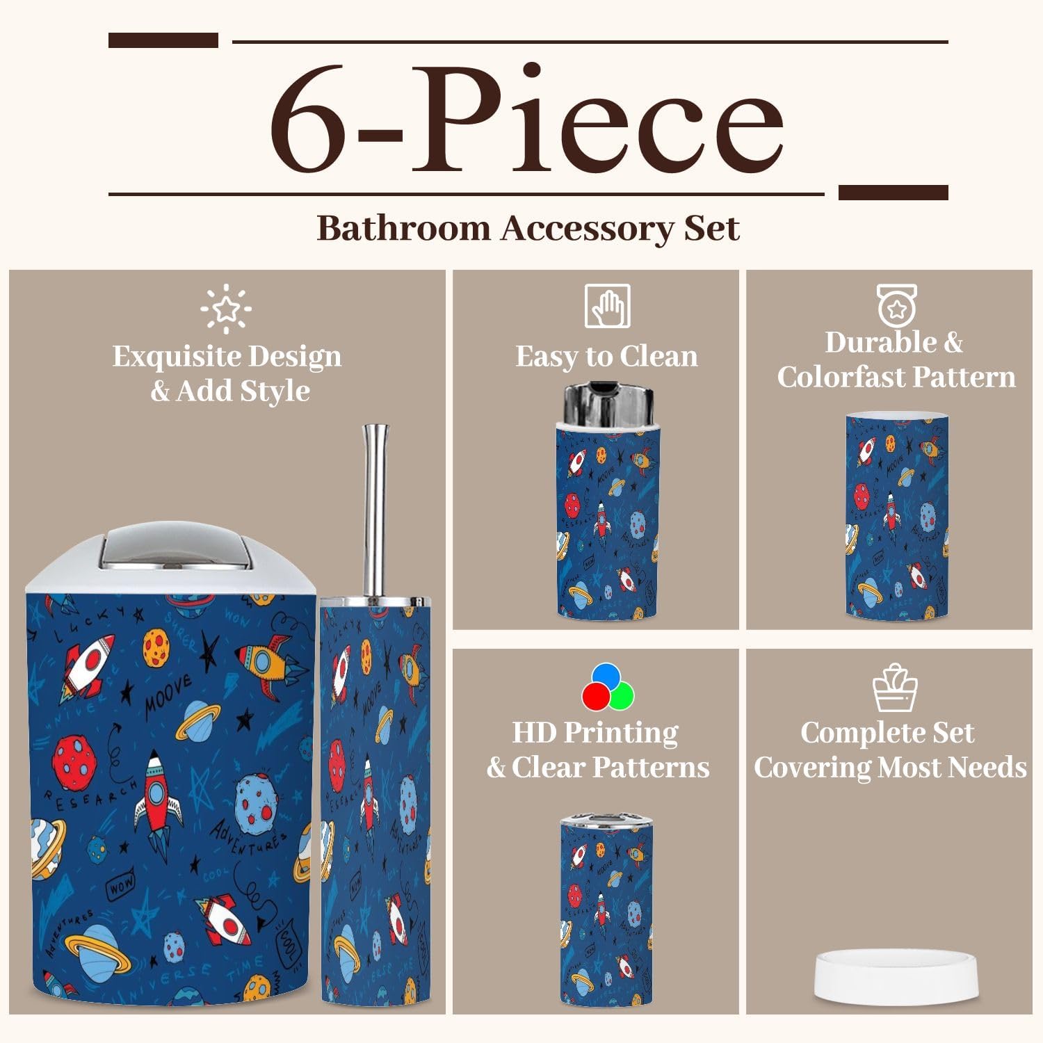 Cartoon Space Bathroom Accessories Set 6 Piece