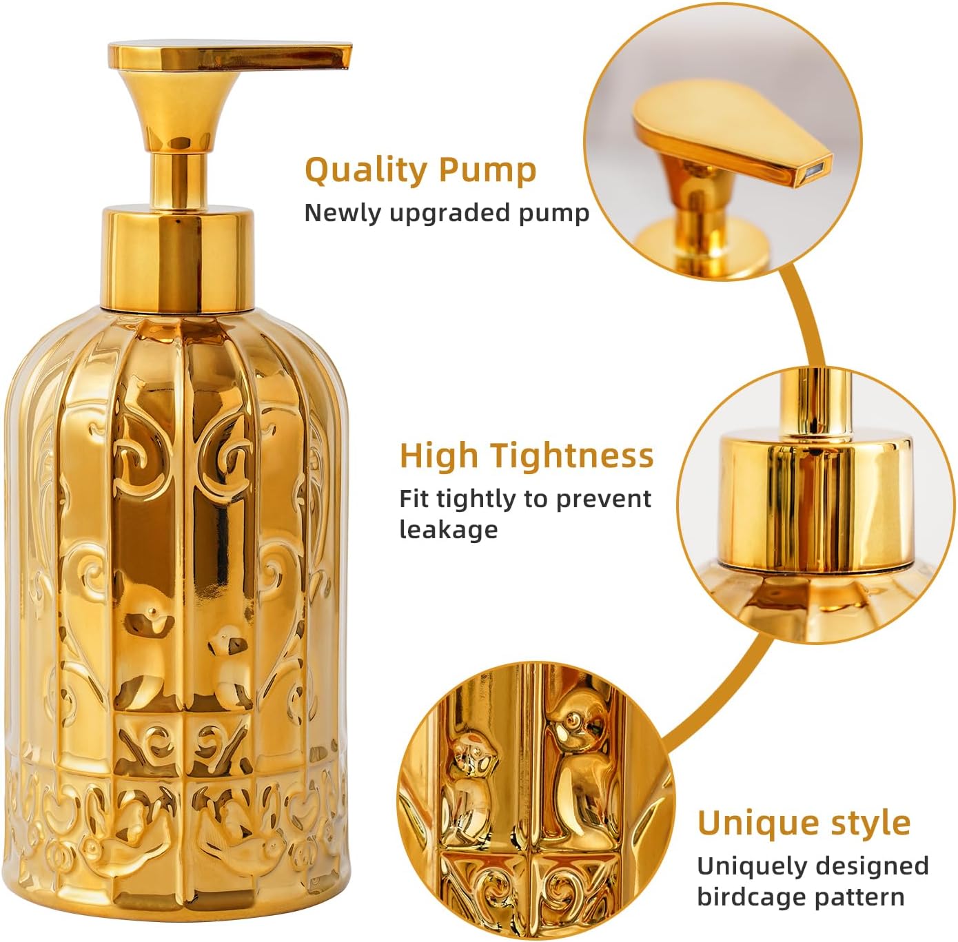 Gold Bathroom Accessory Set with Ceramic Birdcage Design