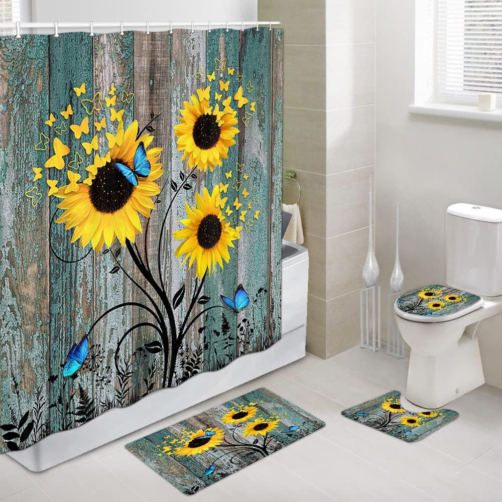 Rustic Sunflower Bathroom Set Non-Slip Mats for Bathrooms