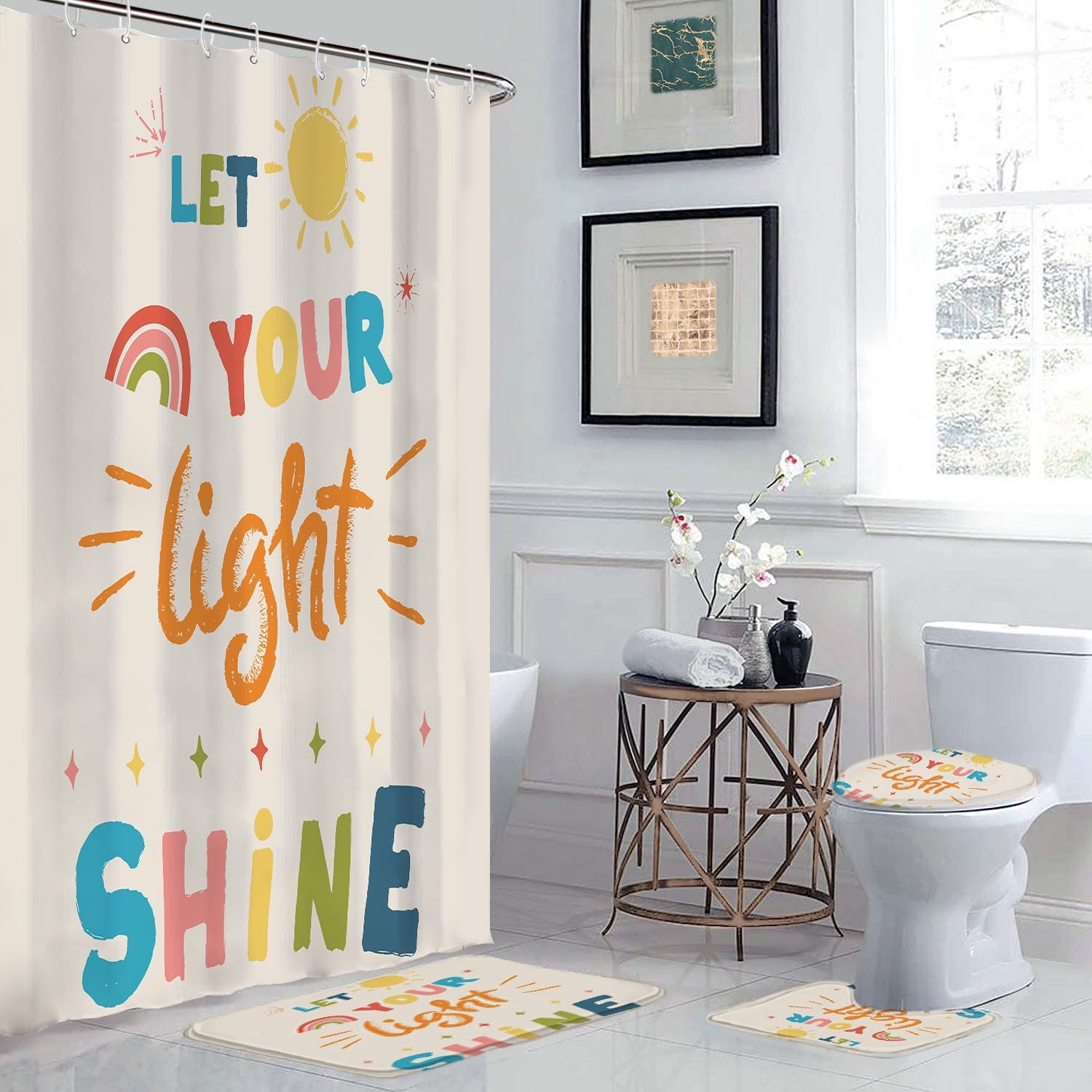 4PCS Non-Slip Kids Bathroom Shower Curtain Set with Quotes
