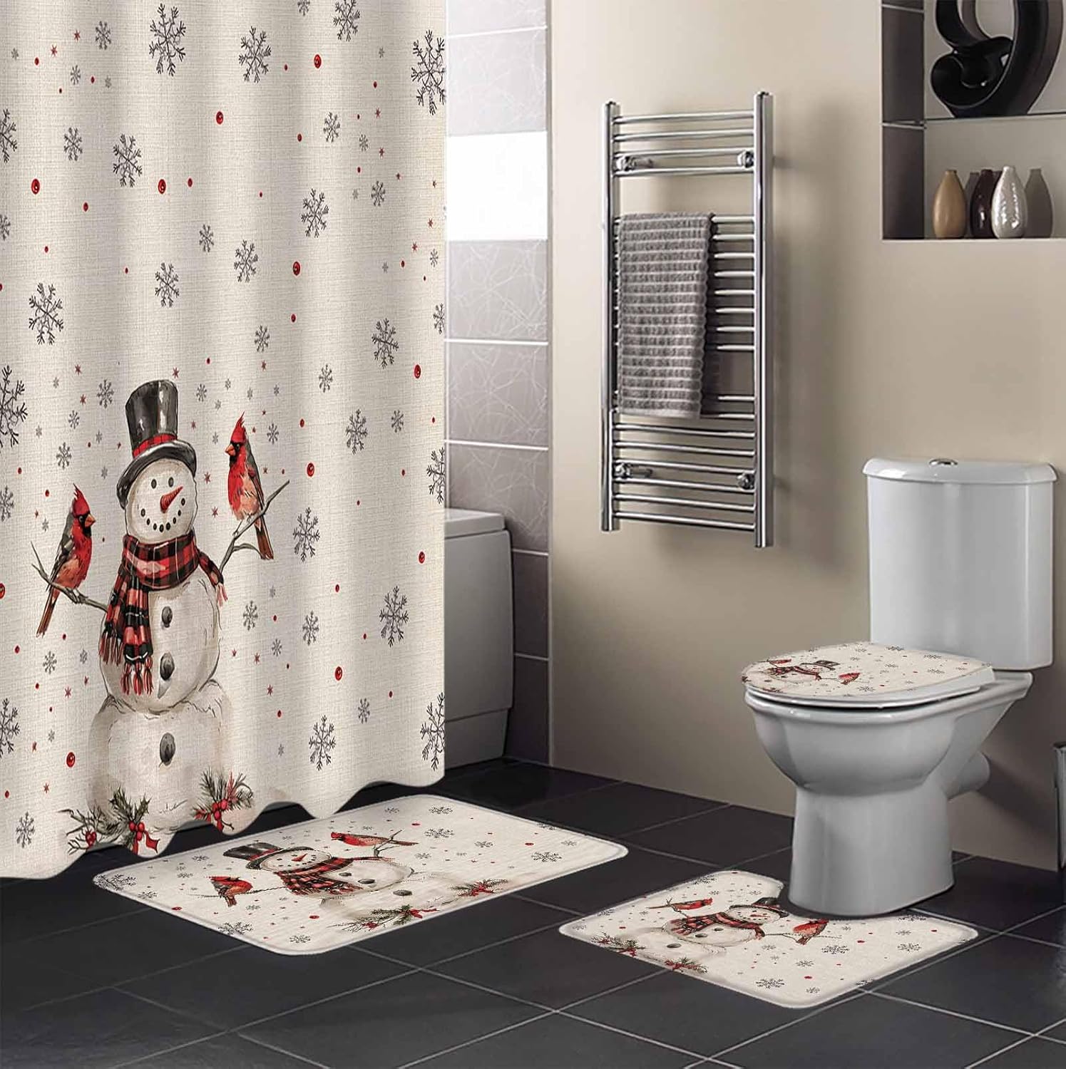4-Piece Snowman Christmas Bathroom Set with Non-Slip Rugs Shower Curtain
