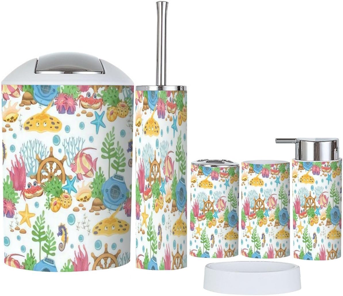 Aesthetic Fish-Print 6-Piece Stick-on Modern Bath Accessories Set
