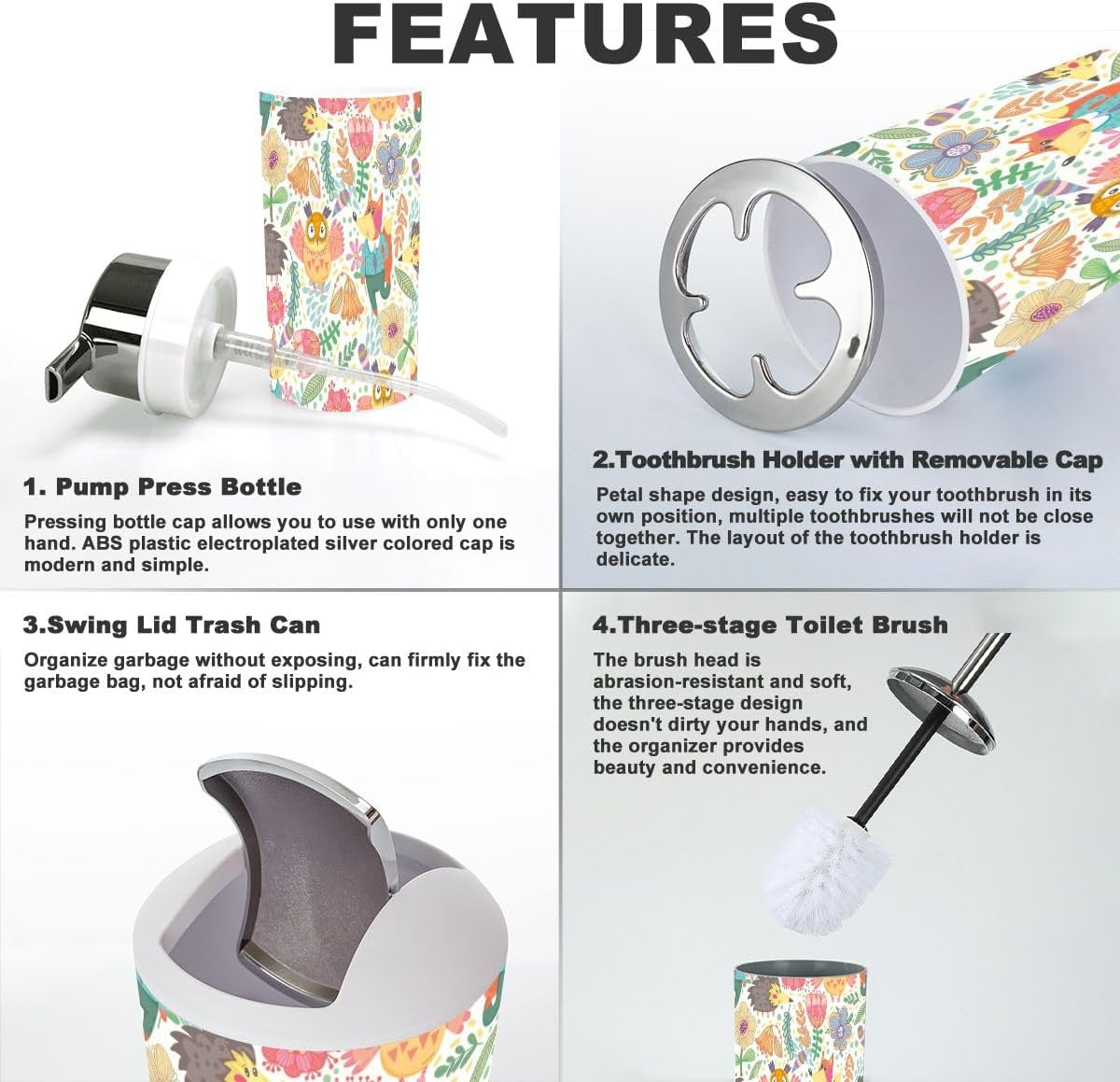 JBNJANKDAV 6-Piece Seamless Patterned Bathroom Accessories Set with Fox Owl Design