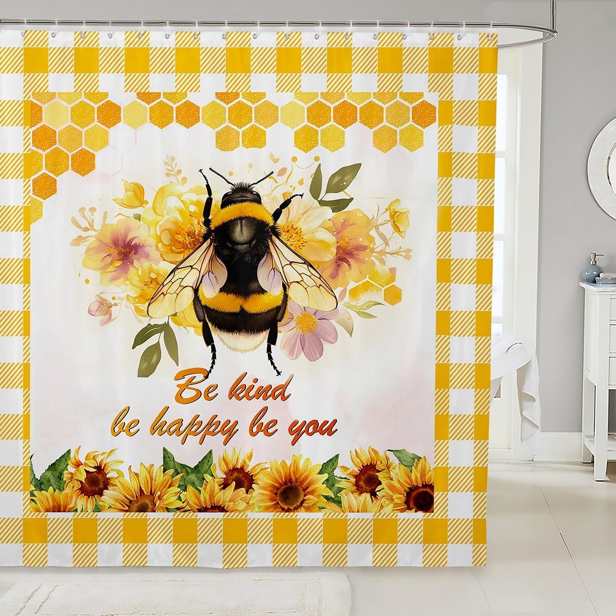 Cartoon Bee Shower curtain for kids Floral Design 72x72 inch