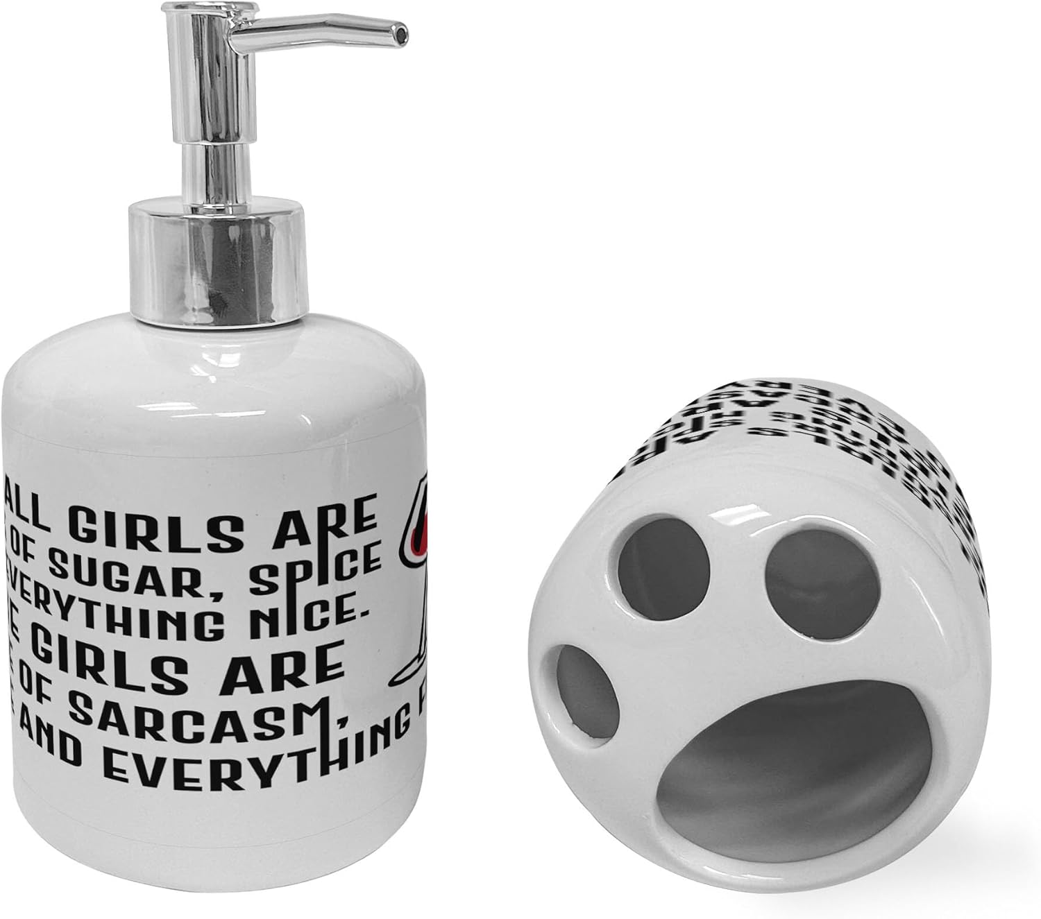 Ambesonne Funny Drinking Sayings Soap Dispenser Toothbrush Holder Set 2 Pcs