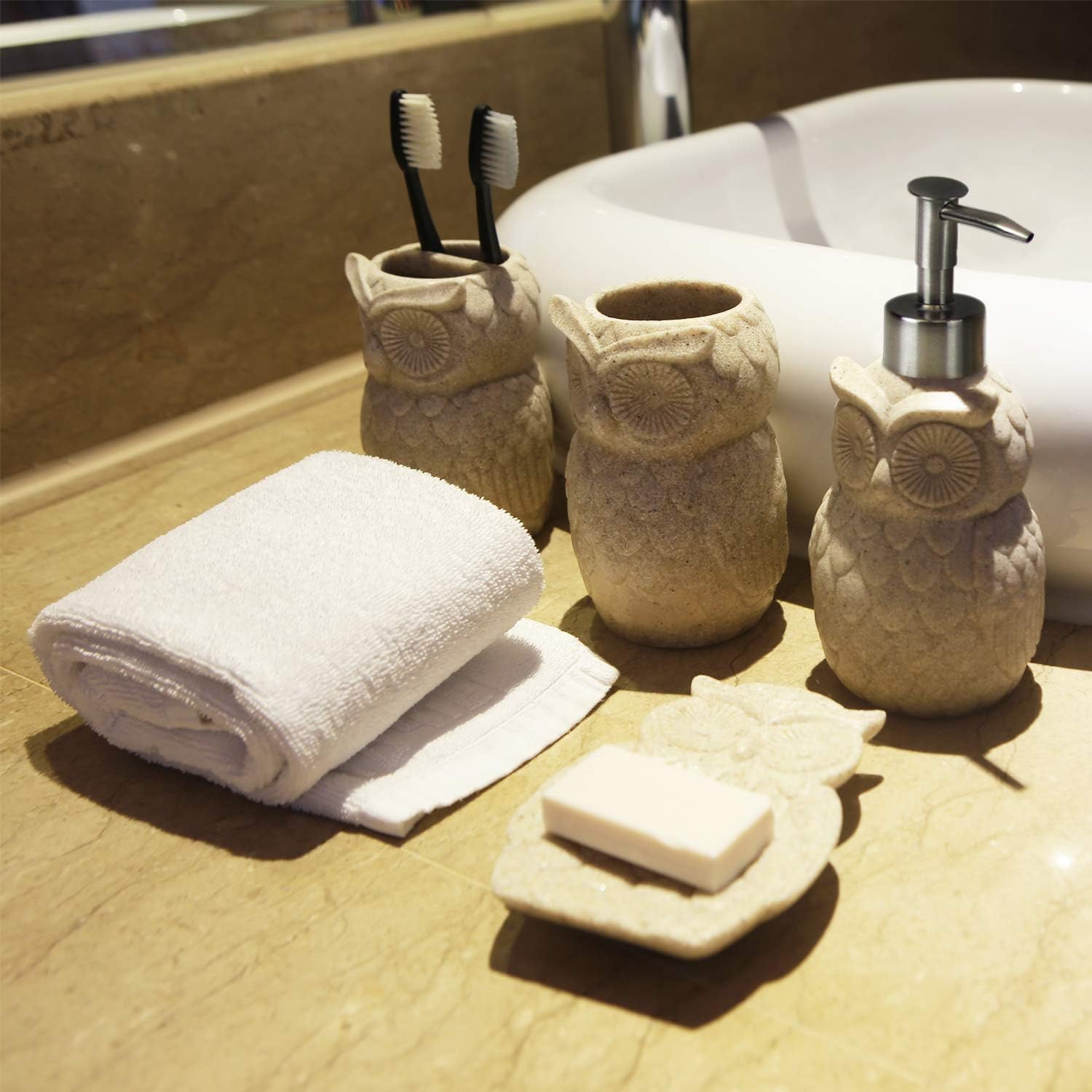 Evelyne Owl Resin Sandstone Bathroom Accessory Set