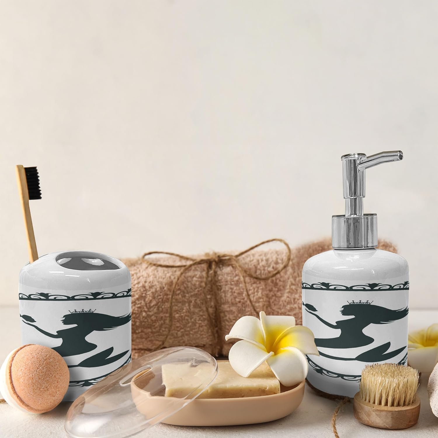 Ambesonne Mermaid Soap Dispenser Toothbrush Holder Set