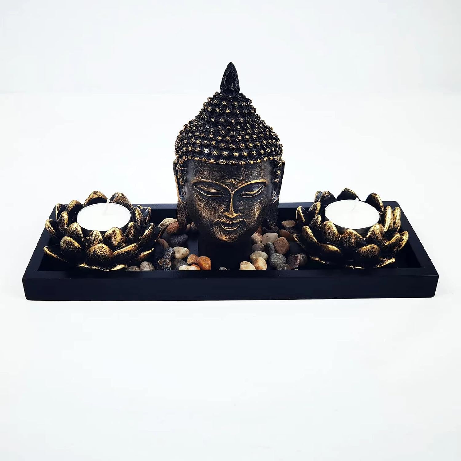 Buddha Head Sculpture Lotus Flower Tealight Candle Holders Zen Garden Set