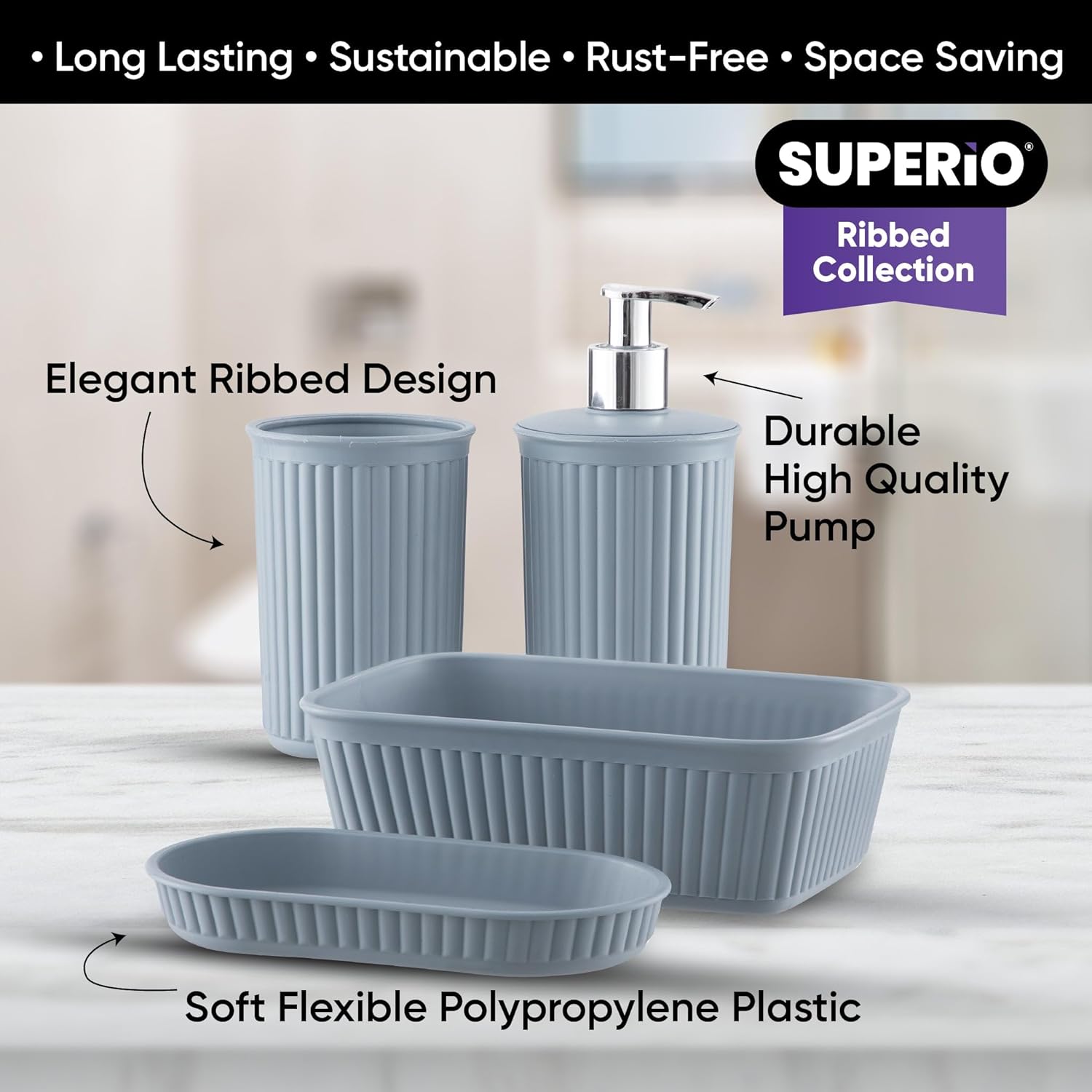 Superio Ribbed Collection - Blue Bathroom Accessories Set of 4