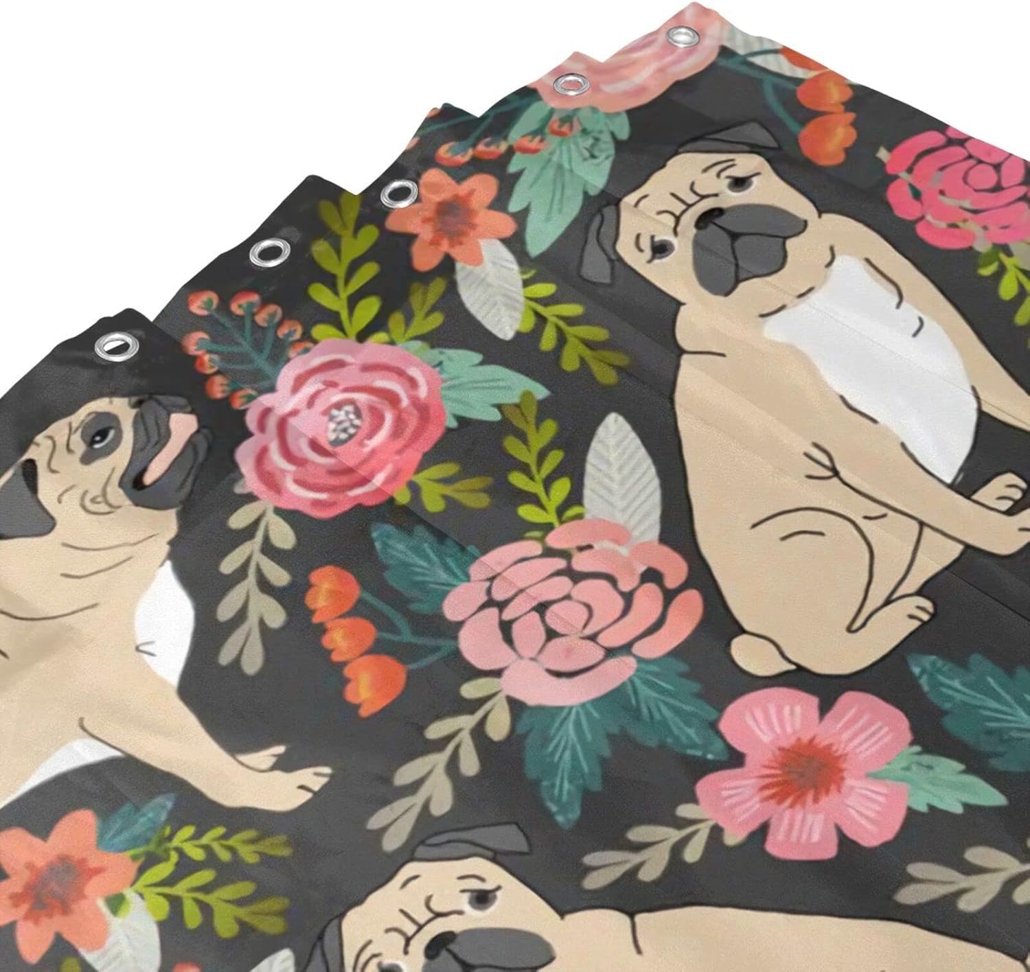 Xoeiran Farmhouse Florals Pug Dogs Shower Curtain 72x72 Inch