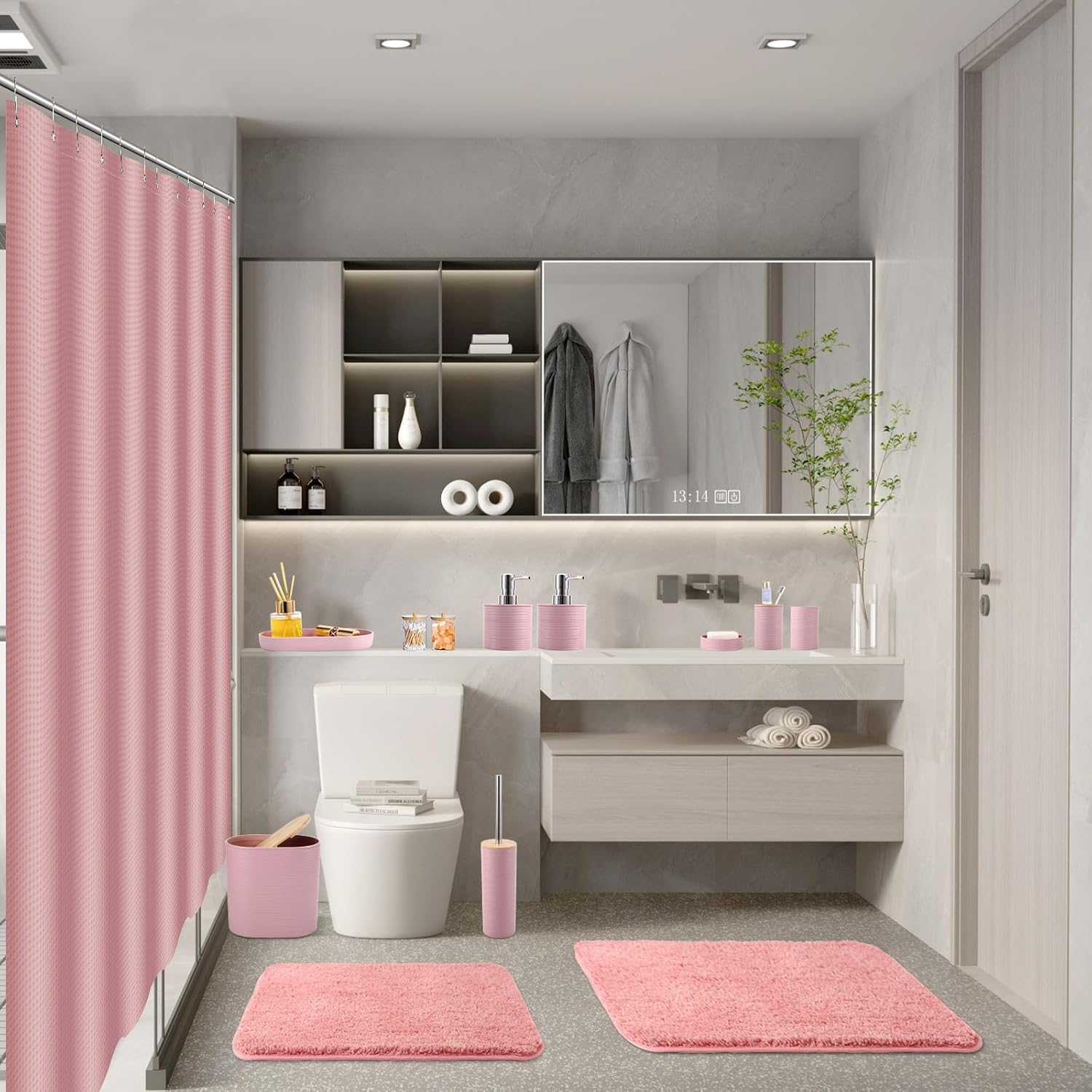 Bathroom Set - Pink Bathroom Accessories Set with Shower Curtain and Rugs