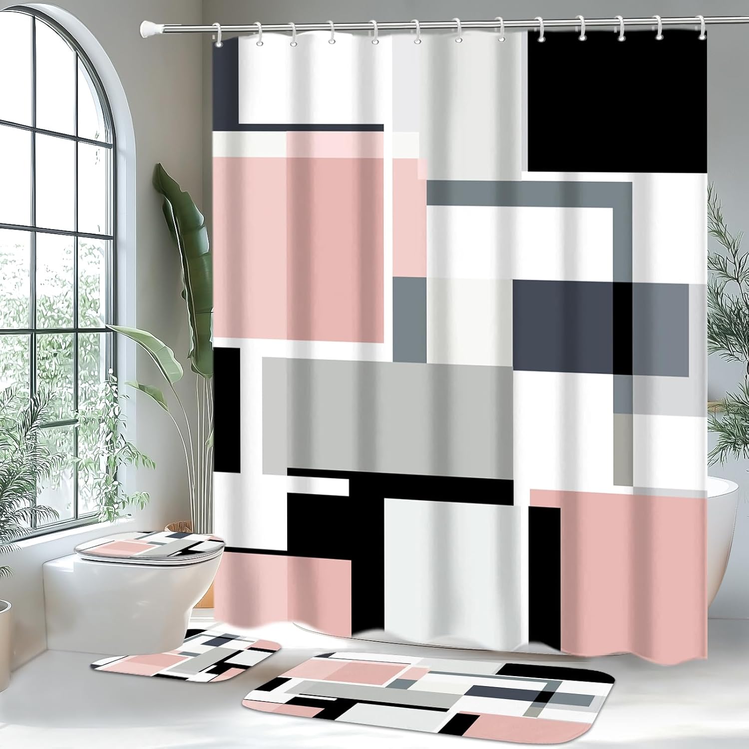 4-Piece Pink Geometric Bathroom Set with Shower Curtain and Rugs