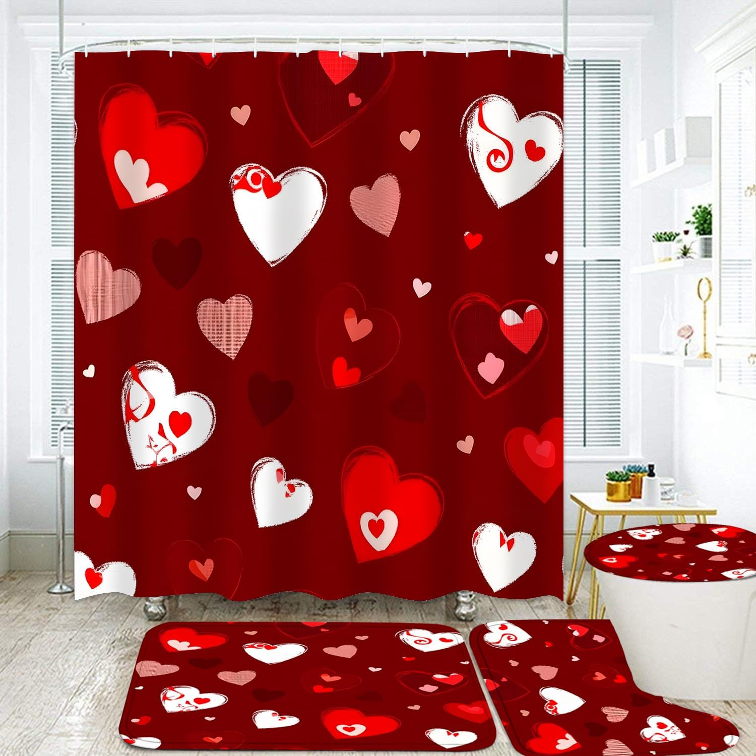 4 Pcs Red Heart Shower Curtain Set with Rugs and Hooks