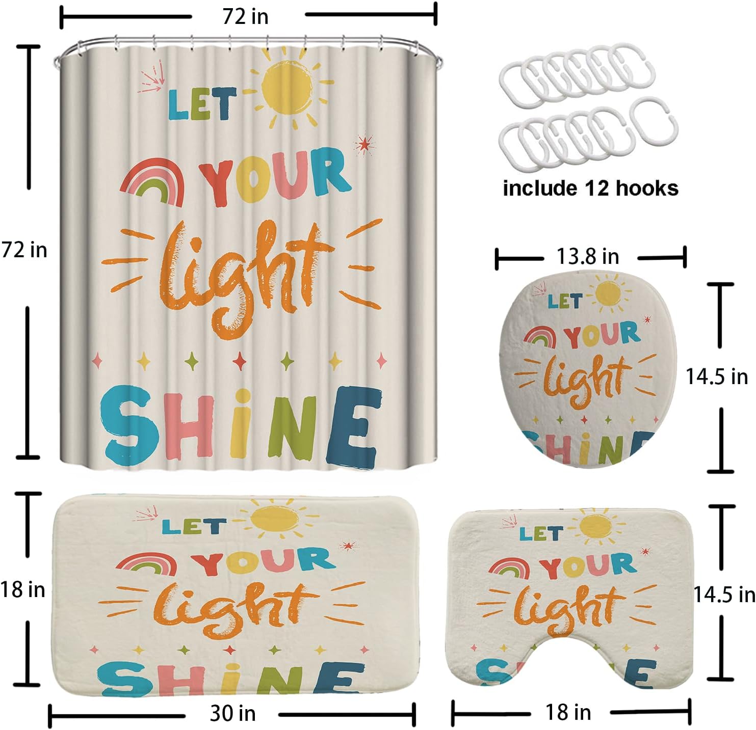 4PCS Non-Slip Kids Bathroom Shower Curtain Set with Quotes