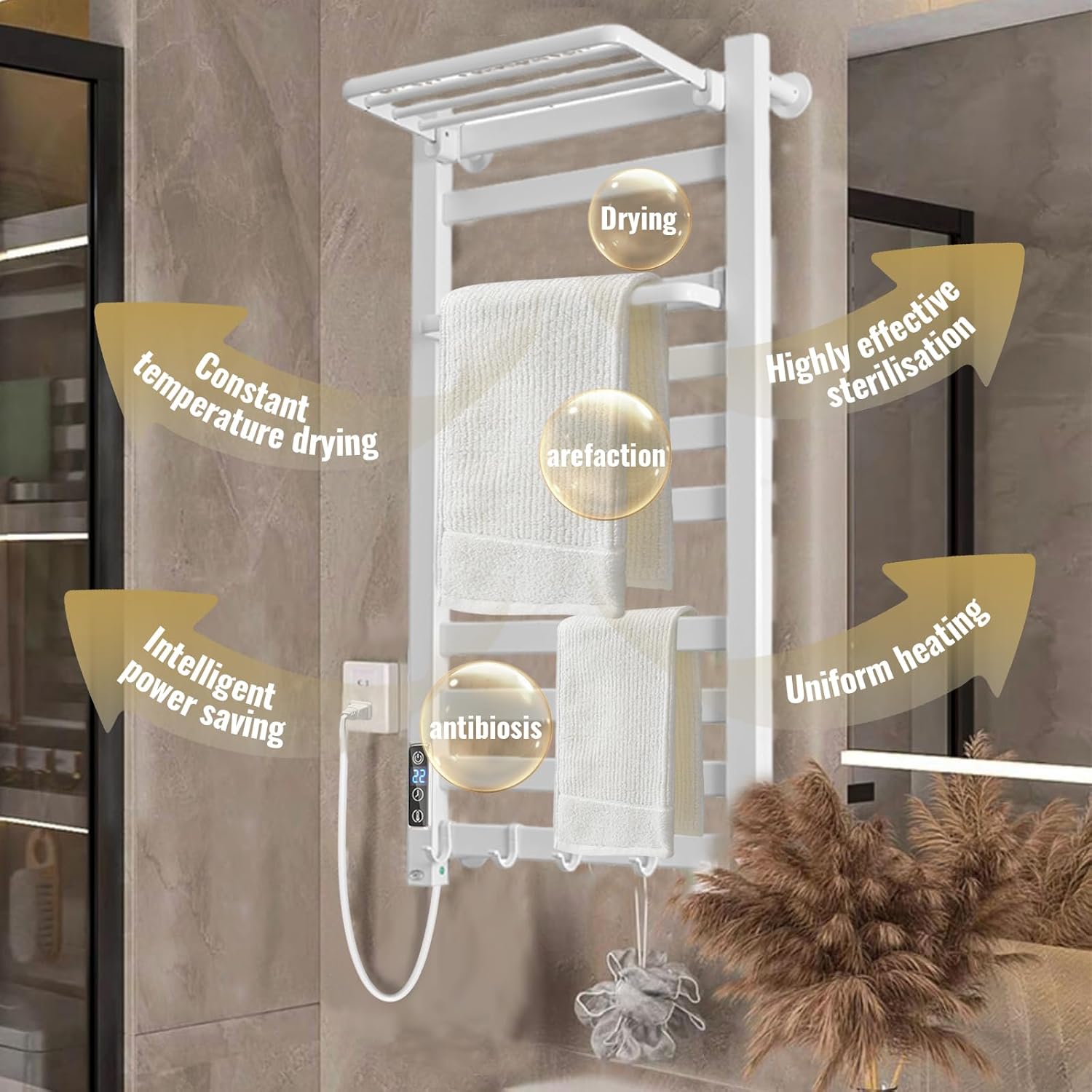 Heated Towel Rack with Shelf and Timer for Bathroom White