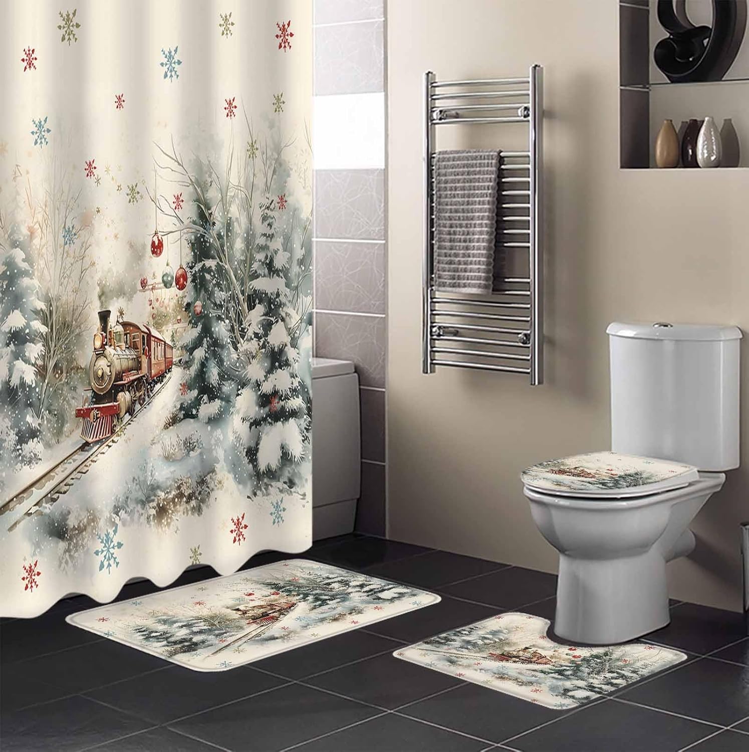 4PC Christmas Train Forest Shower Curtain Set with Non-Slip Rugs