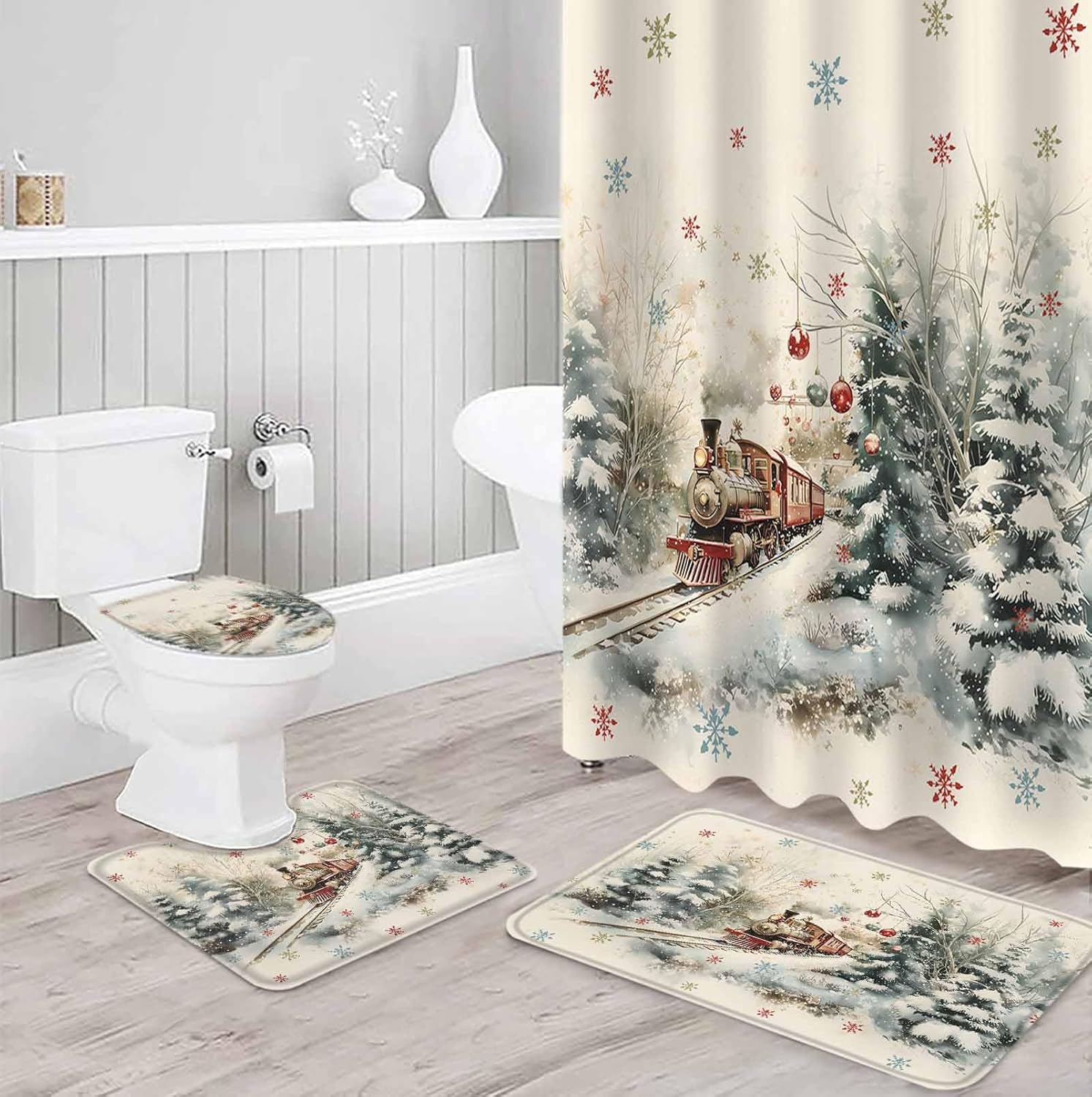 4PC Christmas Train Forest Shower Curtain Set with Non-Slip Rugs