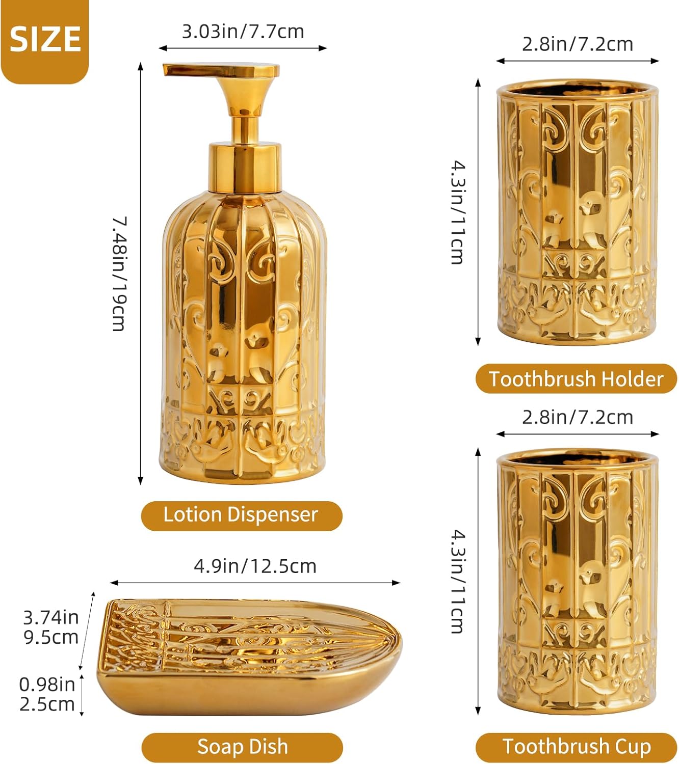 Gold Bathroom Accessory Set with Ceramic Birdcage Design