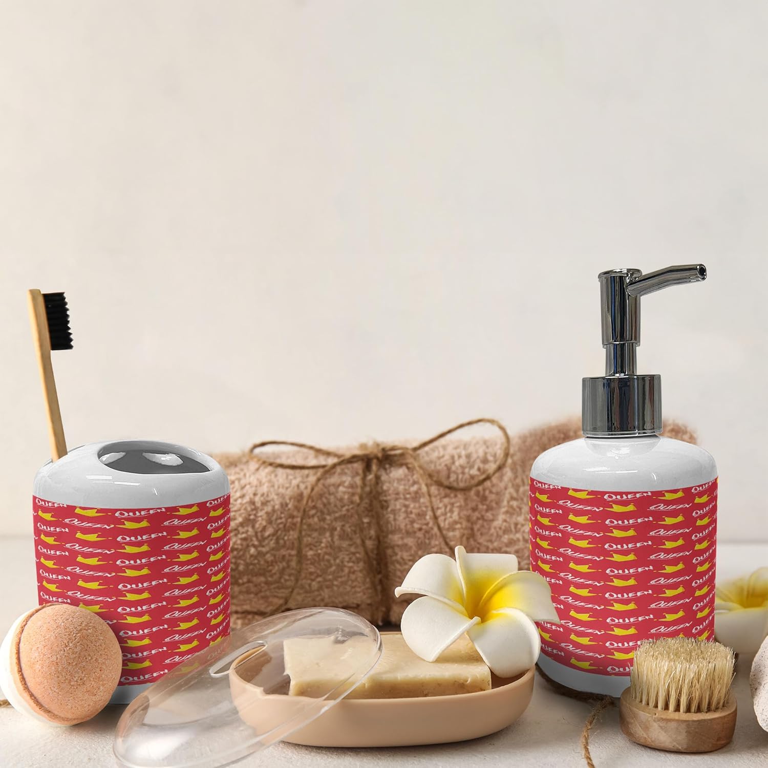 Ambesonne Queen Soap Dispenser and Toothbrush Holder Set