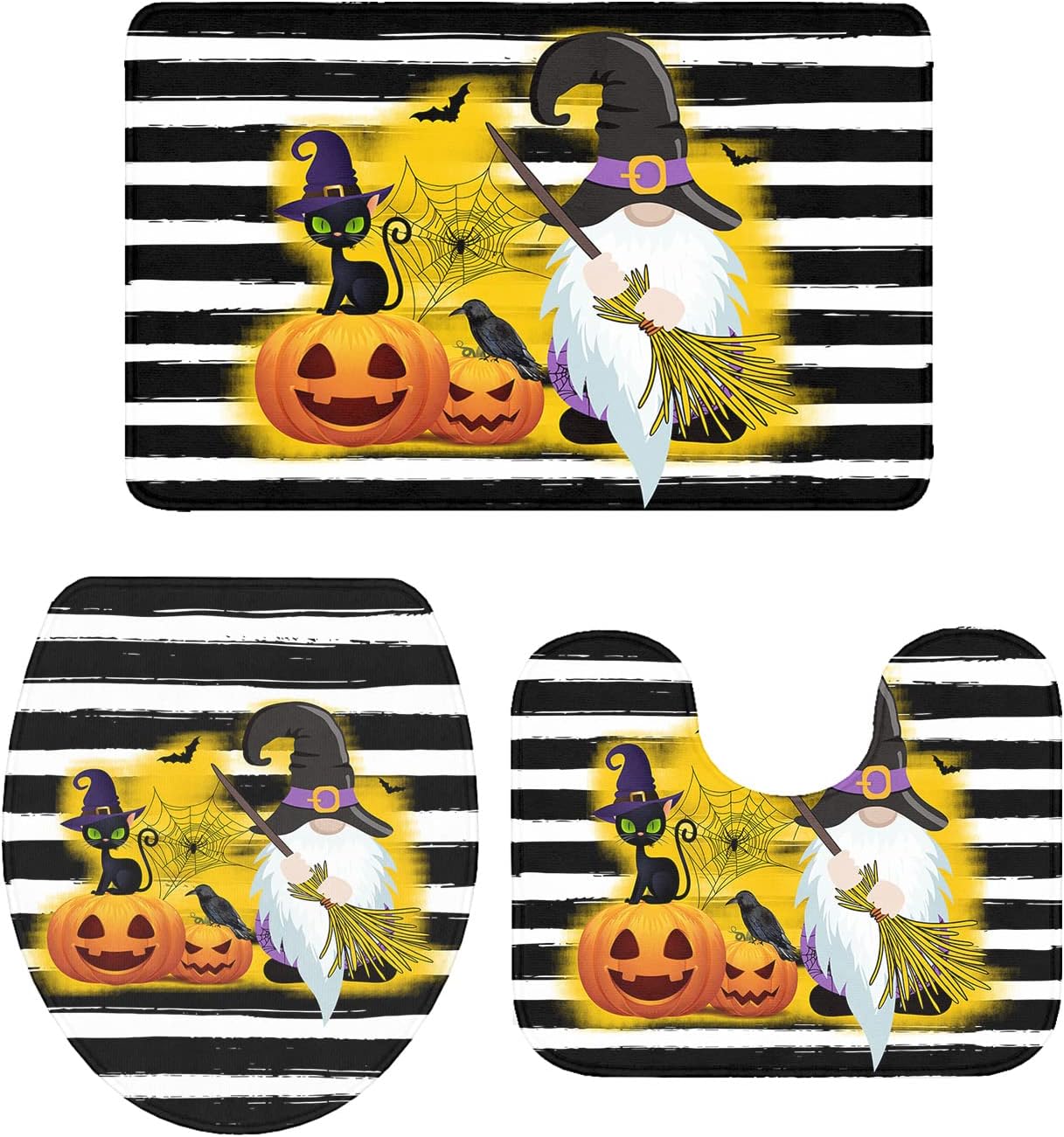 Bathroom Rugs Set Halloween pus Embroidered Non-Slip Machine Washable