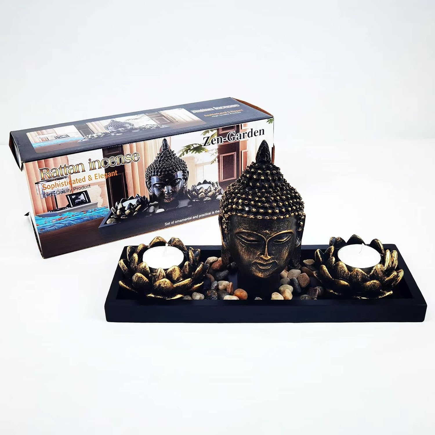 Buddha Head Sculpture Lotus Flower Tealight Candle Holders Zen Garden Set