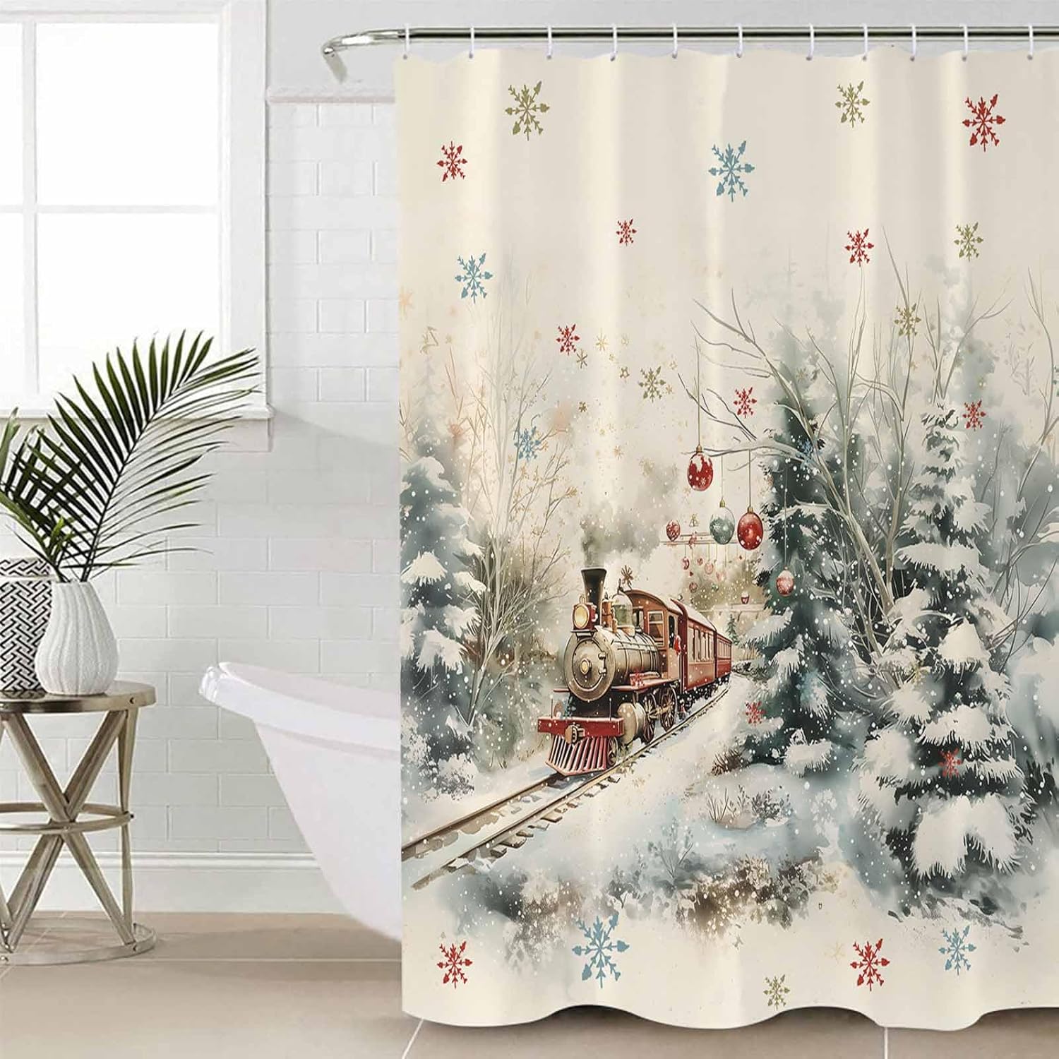 4PC Christmas Train Forest Shower Curtain Set with Non-Slip Rugs