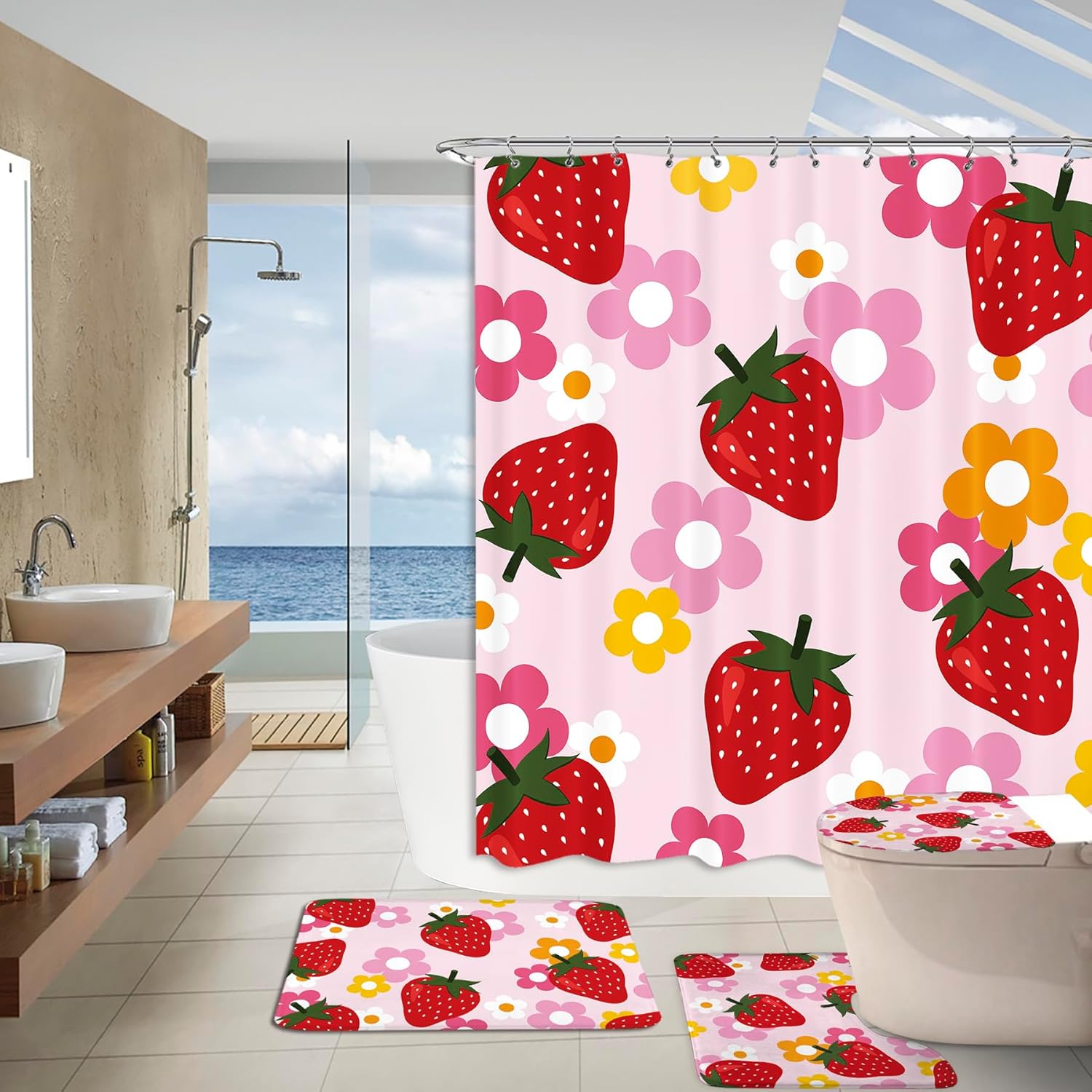 Kalmico 4PC Cute Strawberry Fruit Bathroom Set Y2K Pink Groovy
