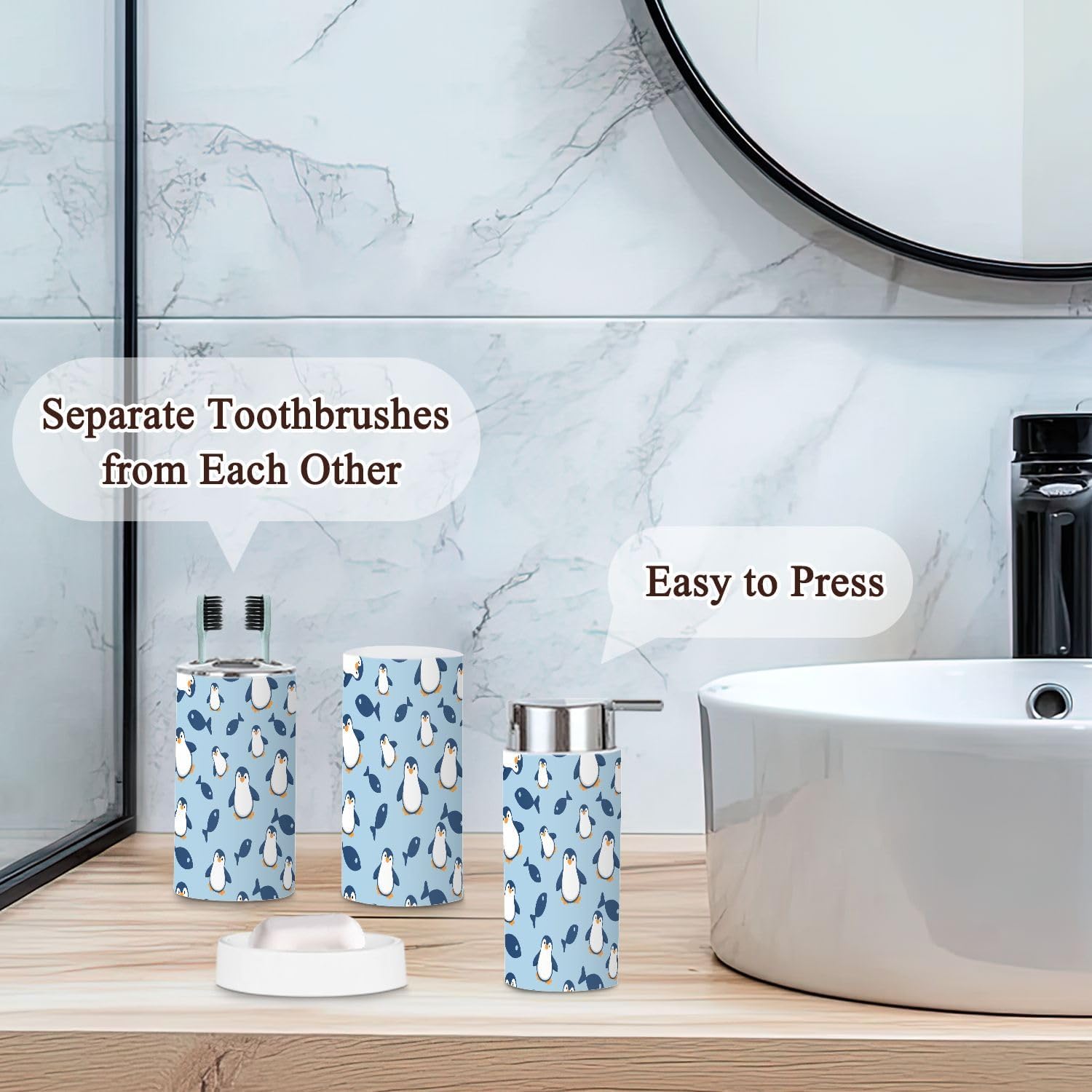Penguin Small Fish Bathroom Accessories Set 6 Pcs