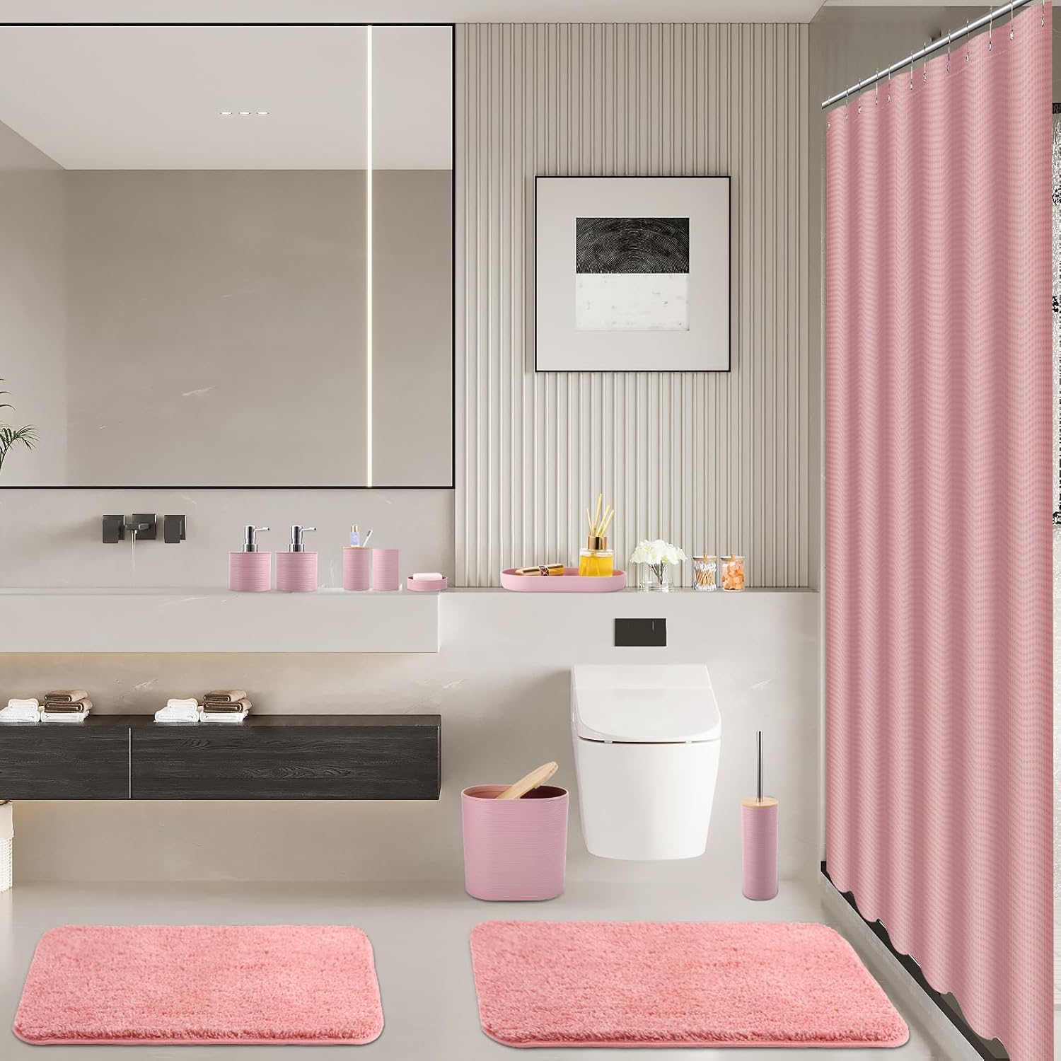 Bathroom Set - Pink Bathroom Accessories Set with Shower Curtain and Rugs