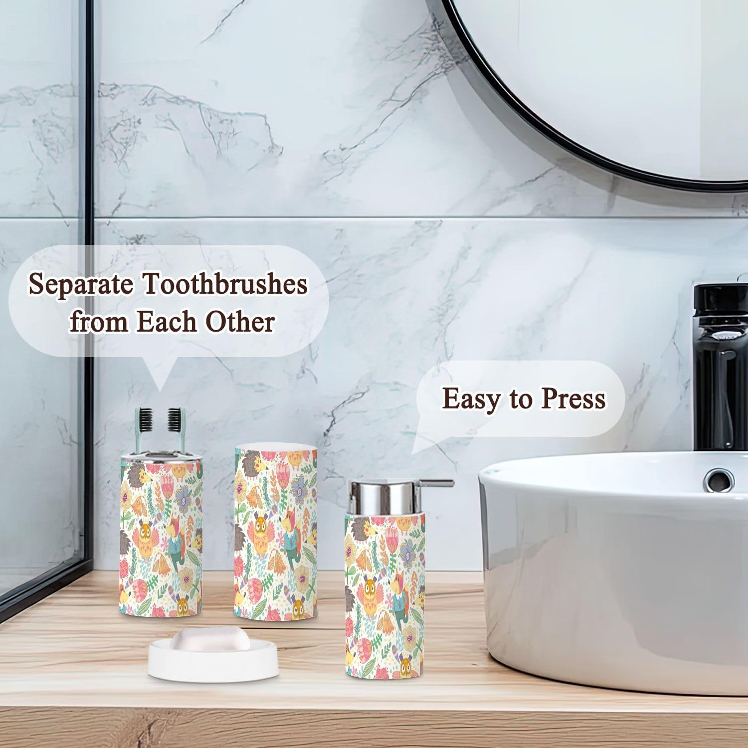 JBNJANKDAV 6-Piece Seamless Patterned Bathroom Accessories Set with Fox Owl Design