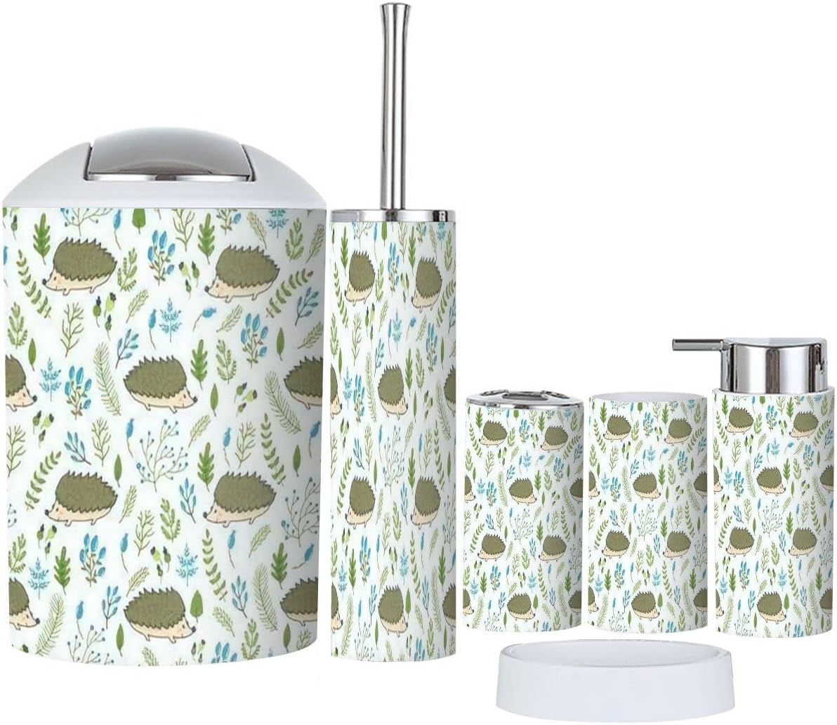 Bathroom Accessories Set 6 Pieces Cute Hedgehogs Floral Design