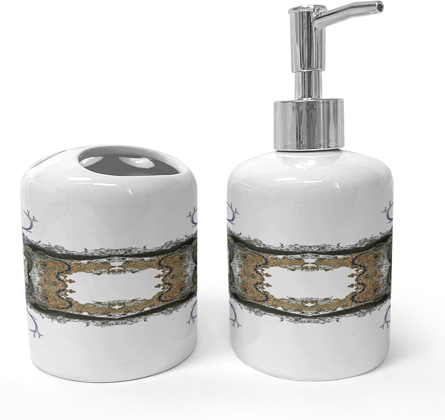 Ambesonne Victorian Soap Dispenser and Toothbrush Holder Set Violet Tan Pearl