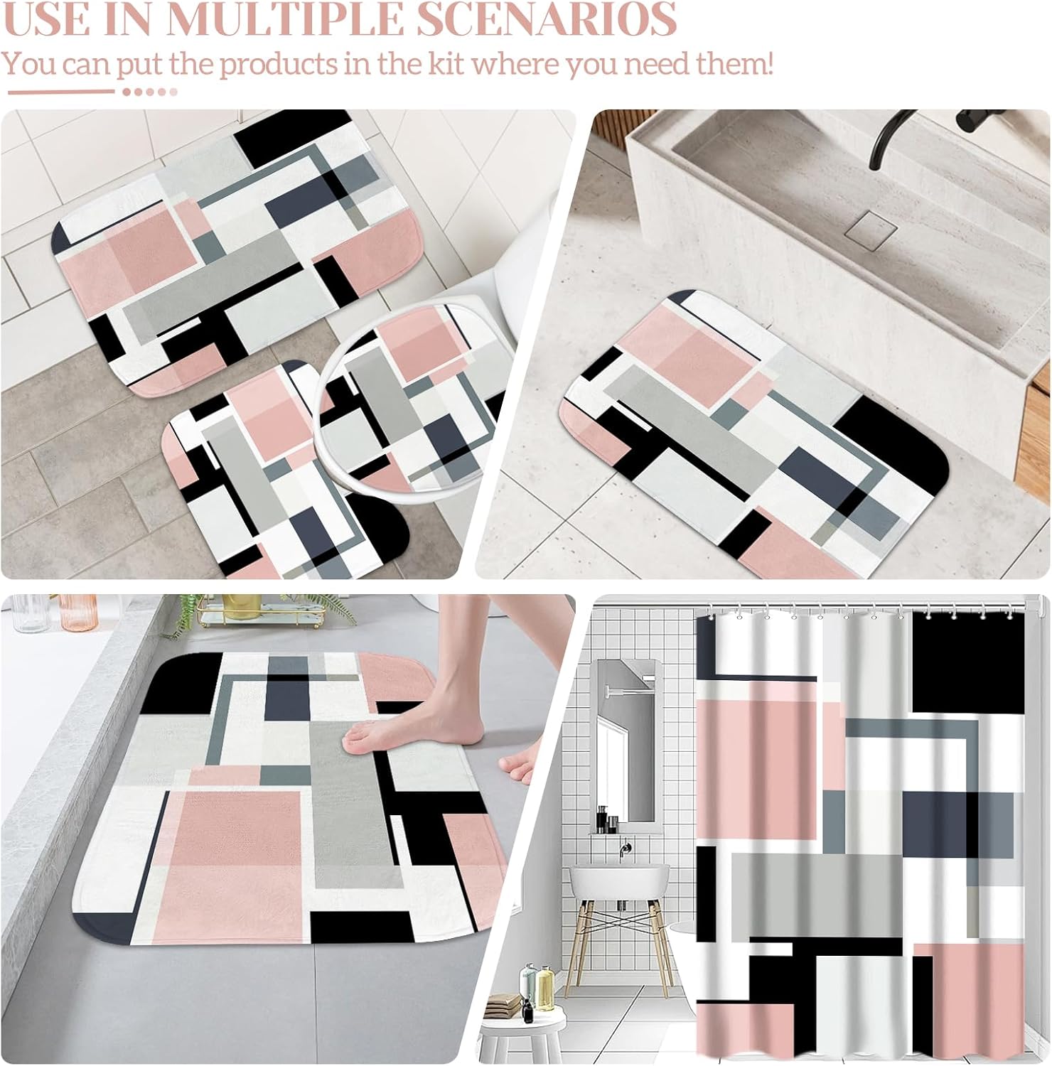 4-Piece Pink Geometric Bathroom Set with Shower Curtain and Rugs