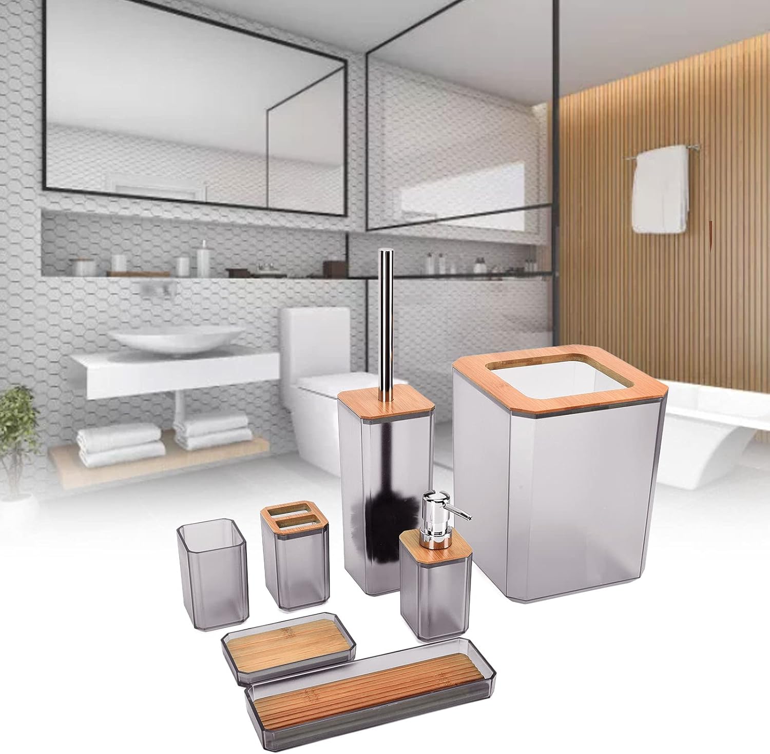 Topyond 7PCS Bamboo Bathroom Accessory Set