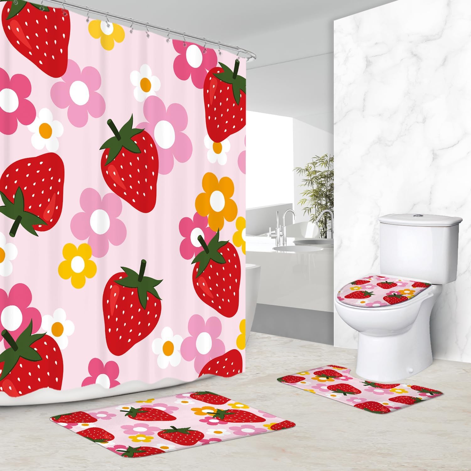 Kalmico 4PC Cute Strawberry Fruit Bathroom Set Y2K Pink Groovy