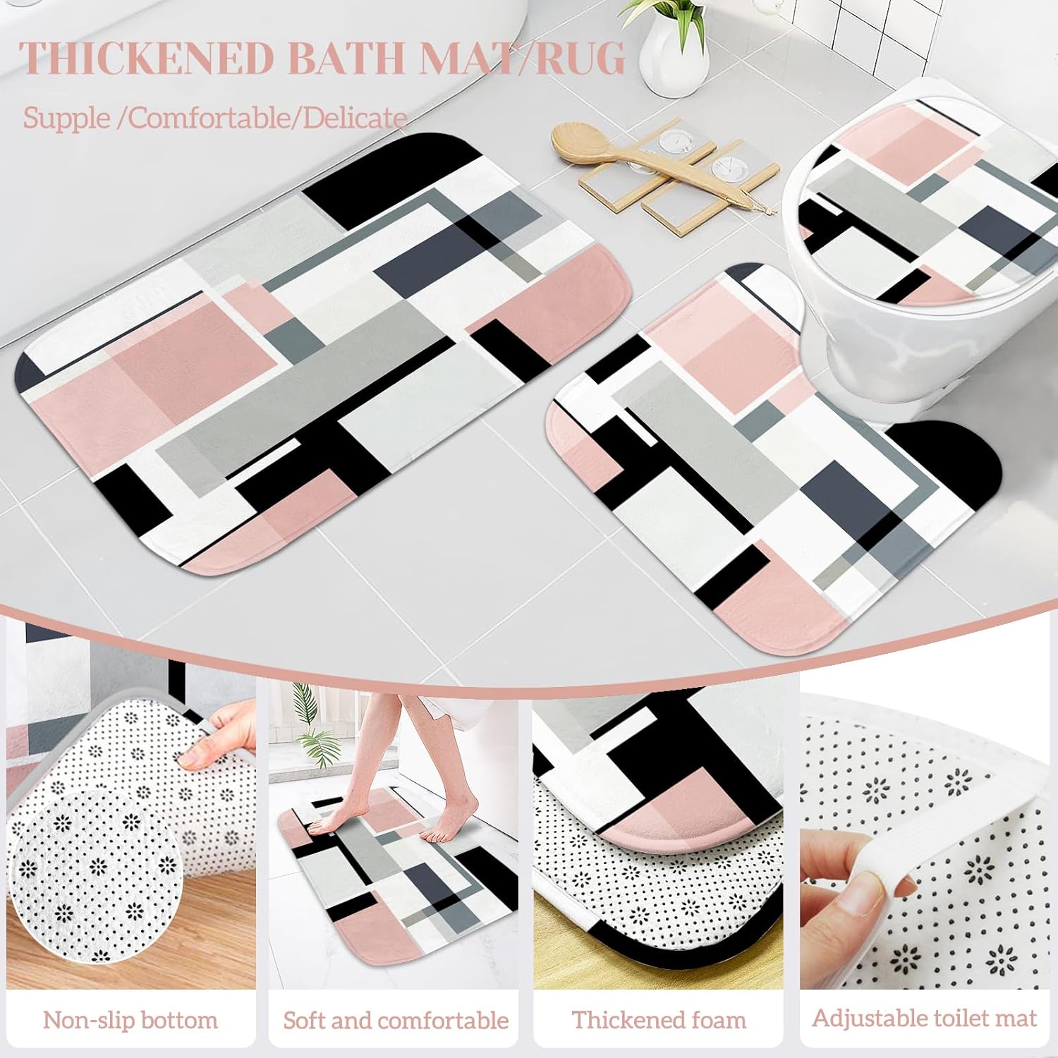4-Piece Pink Geometric Bathroom Set with Shower Curtain and Rugs