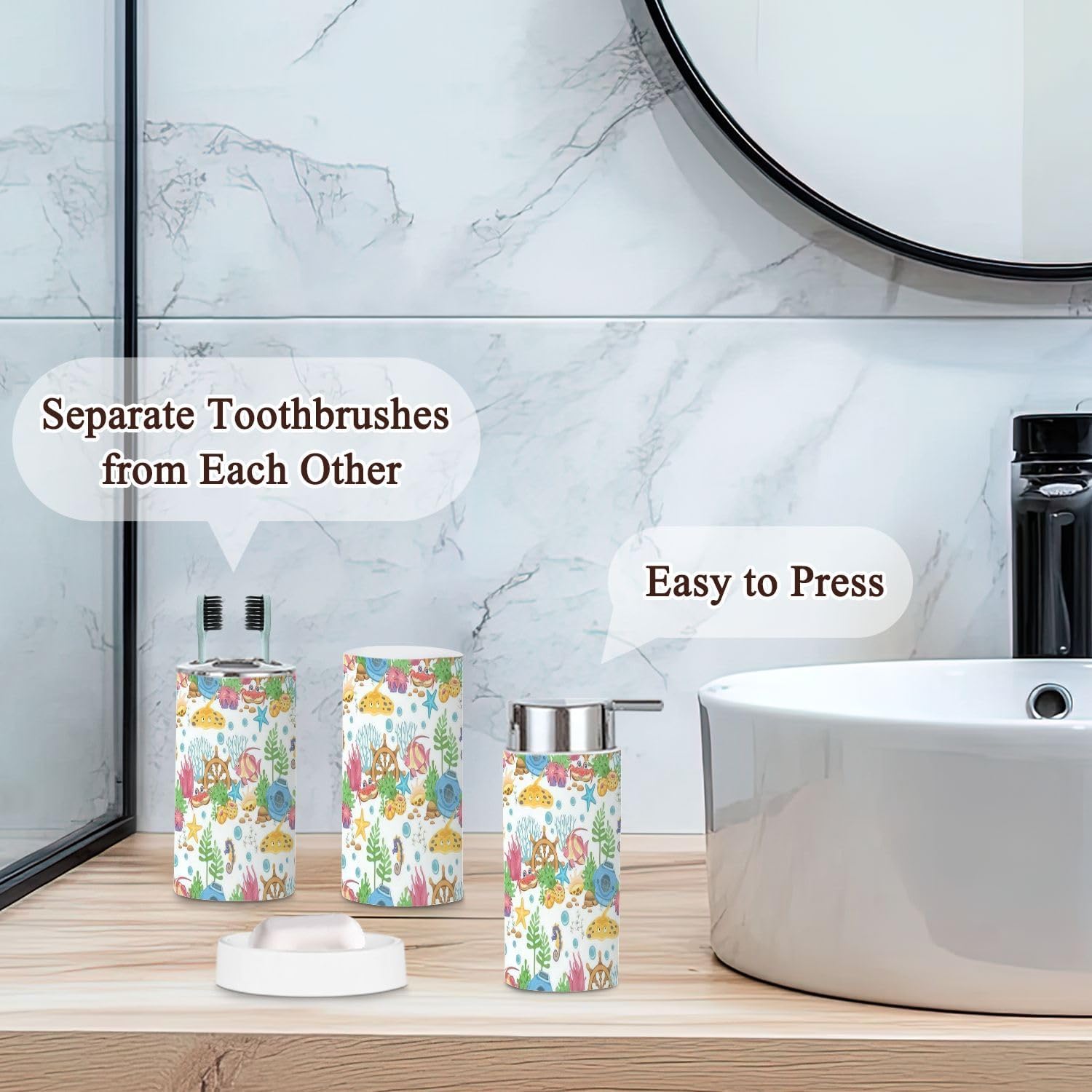 Aesthetic Fish-Print 6-Piece Stick-on Modern Bath Accessories Set