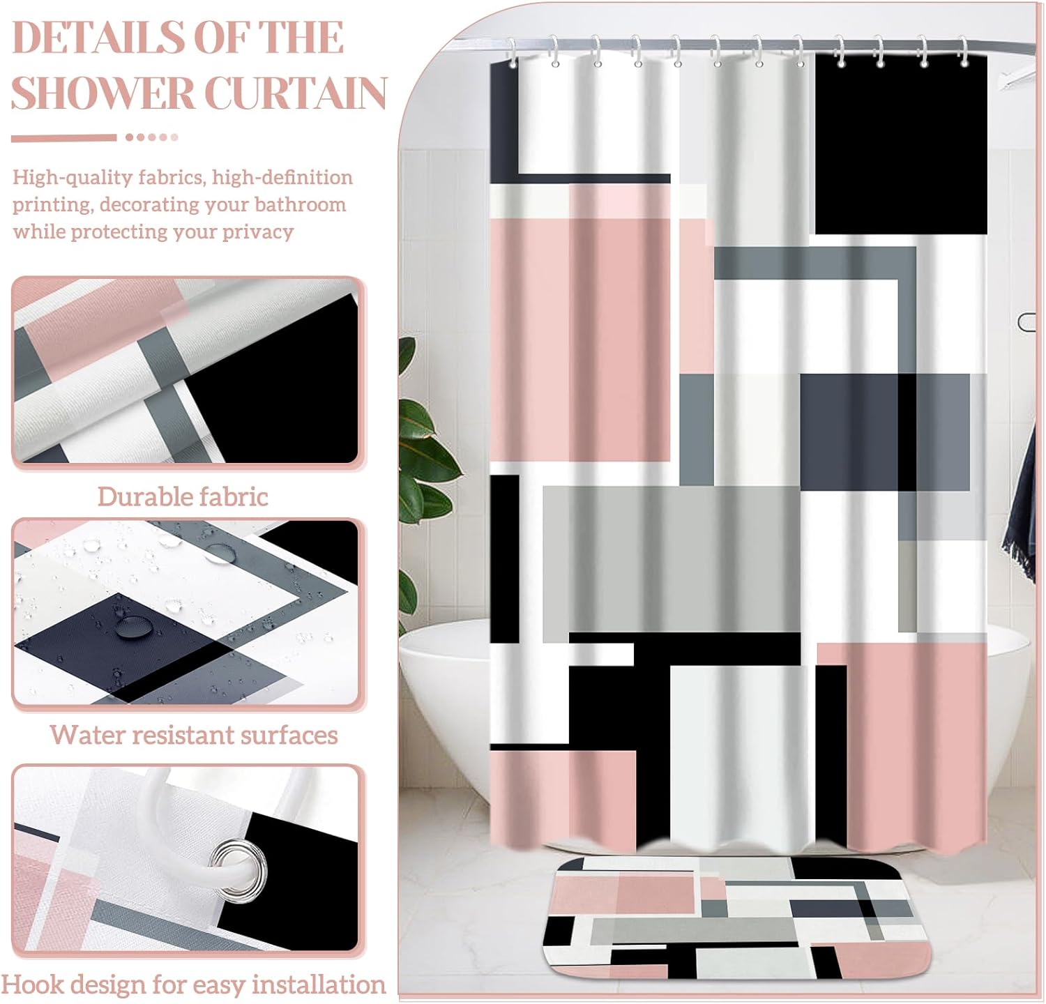 4-Piece Pink Geometric Bathroom Set with Shower Curtain and Rugs
