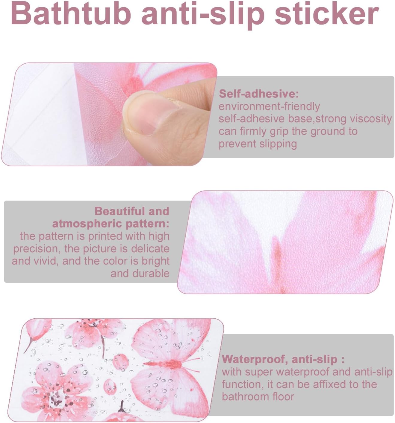 Non Slip Bathtub Stickers 6PCS Pink Butterfly Anti-Slip Decals with Scraper