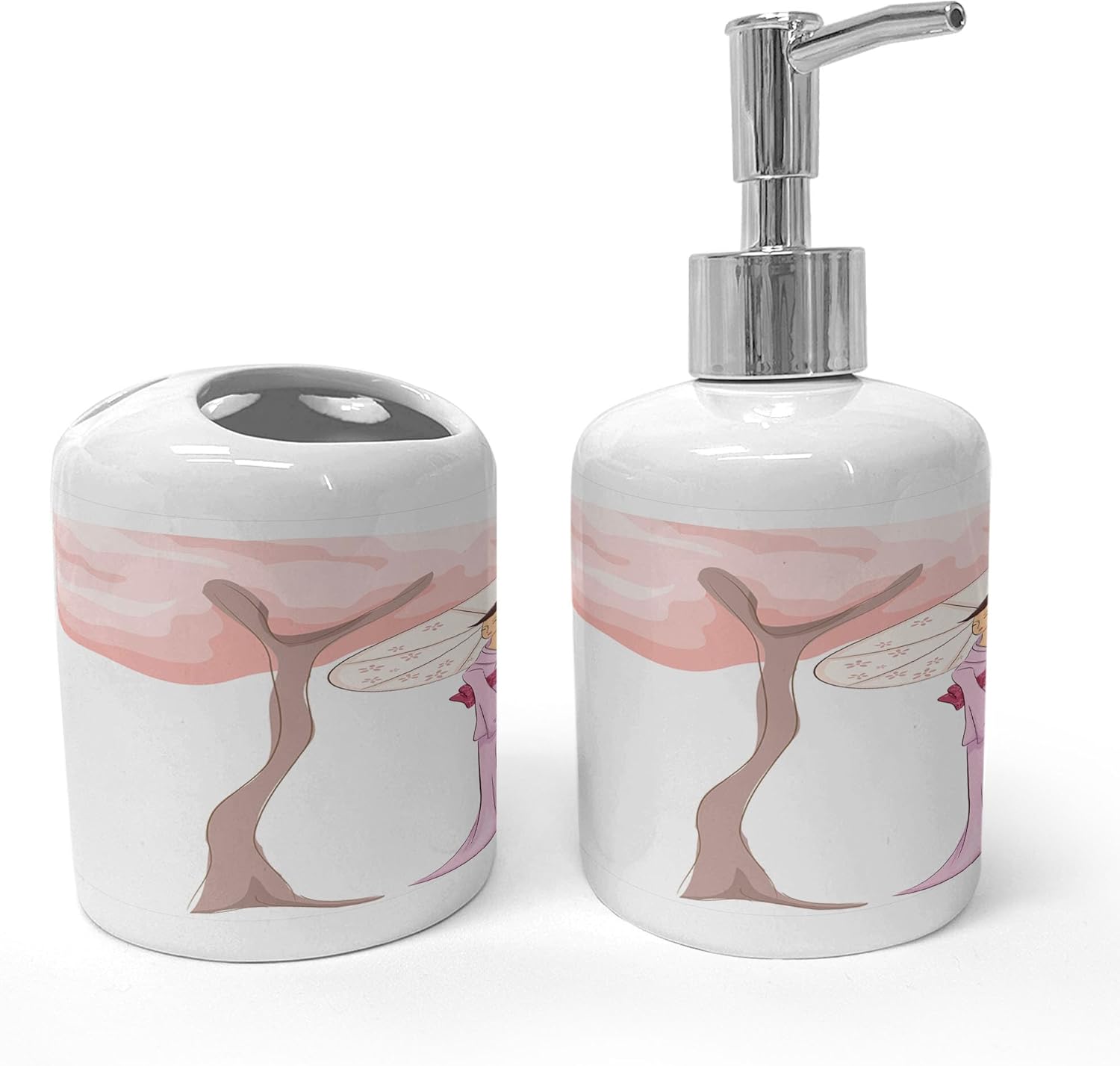 Umbrella Girl Soap Dispenser Toothbrush Holder Set Polish Pink