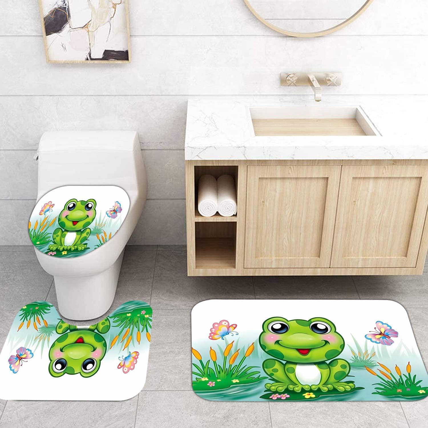 4Pcs Funny Frog Shower Curtain Set with Bathroom Mat for Home