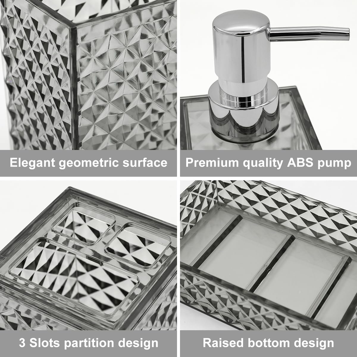 Bathroom Accessory Set 4 Pcs Diamond Pattern Grey