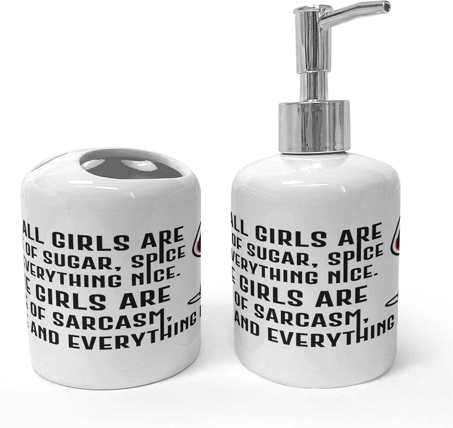 Ambesonne Funny Drinking Sayings Soap Dispenser Toothbrush Holder Set 2 Pcs