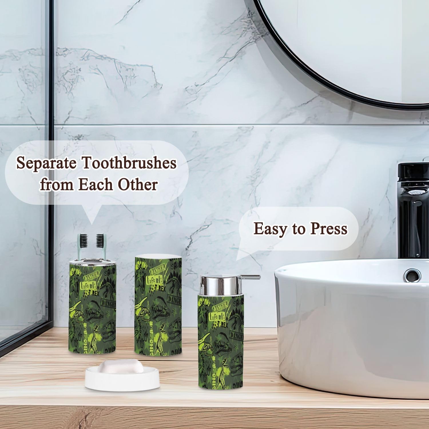 Bathroom Accessories Set 6 Pcs Durable Camouflage Dino Pattern Print