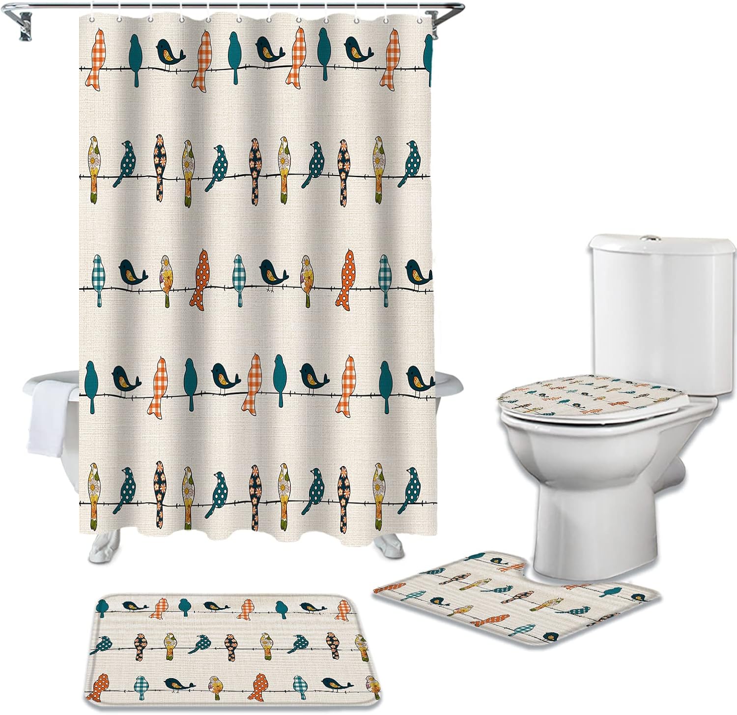 YESOF66 4PCS Bathroom Mat Set with Birds Design