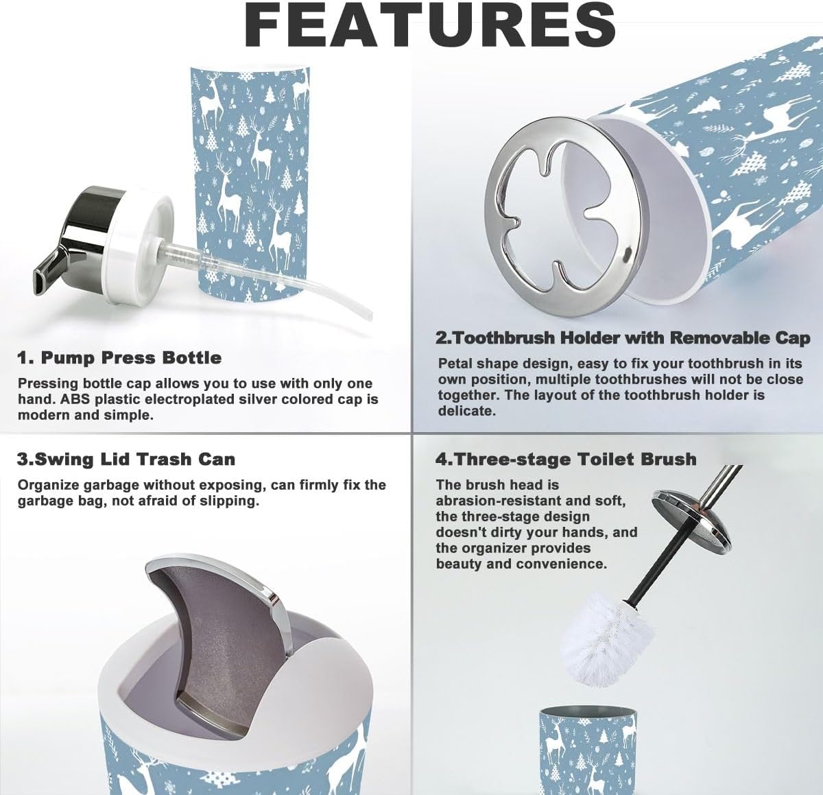 6 Piece Bathroom Accessory Set with Deer Christmas Pattern